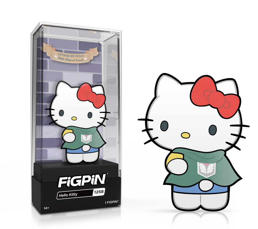 Side by side view of the Hello Kitty enamel pin in display case and the art render.