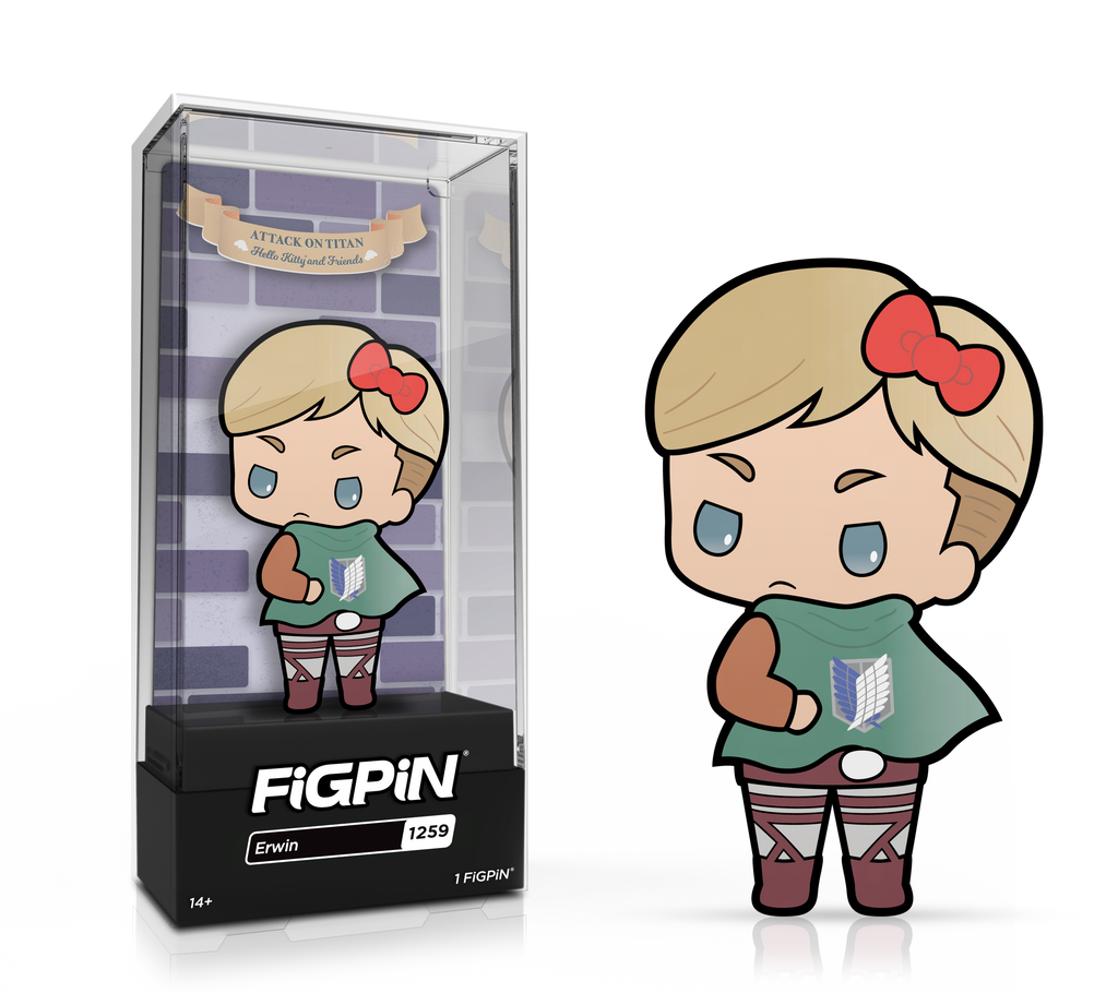 Side by side view of the Erwin enamel pin in display case and the art render.