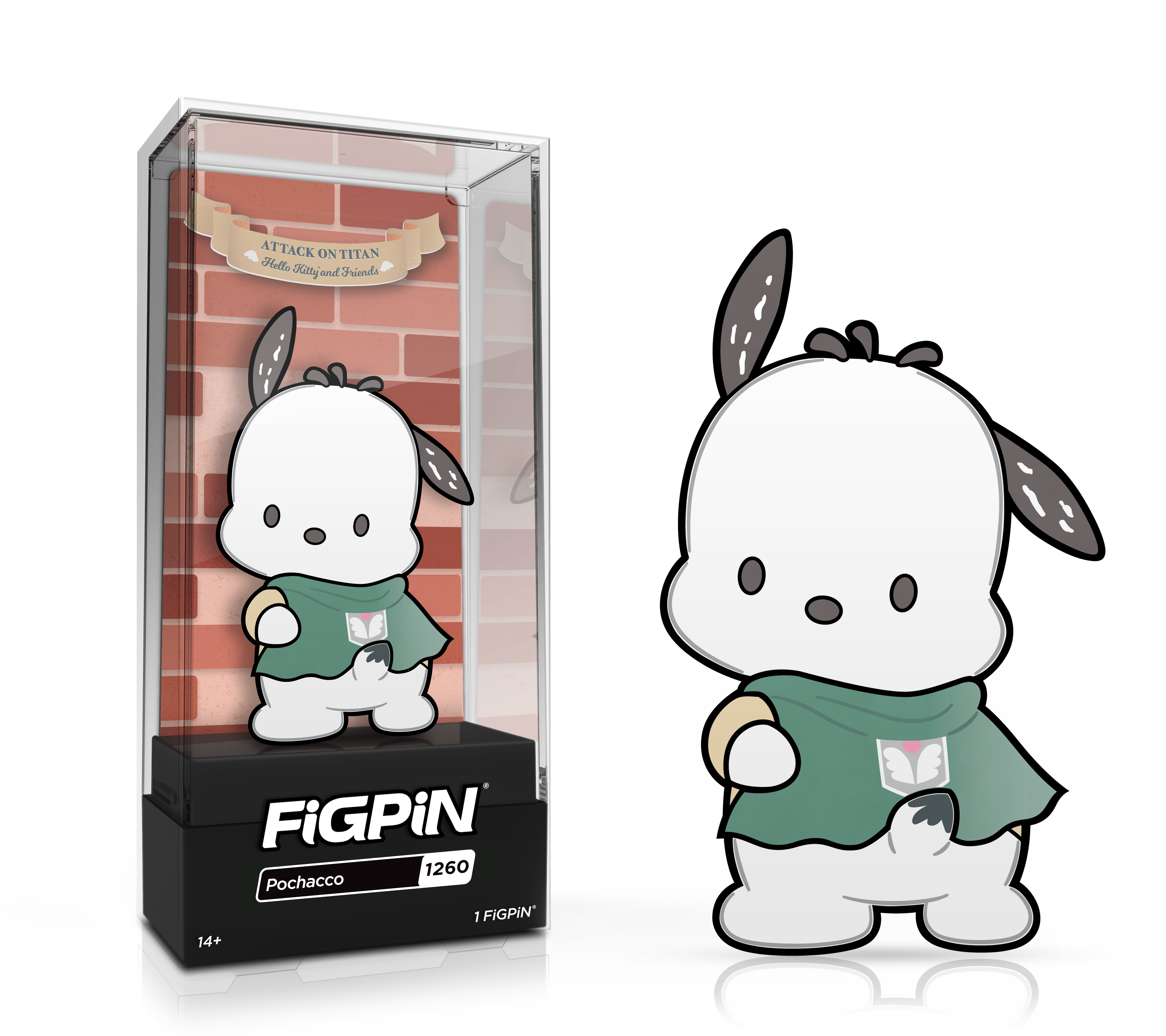 Side by side view of the Pochacco enamel pin in display case and the art render.