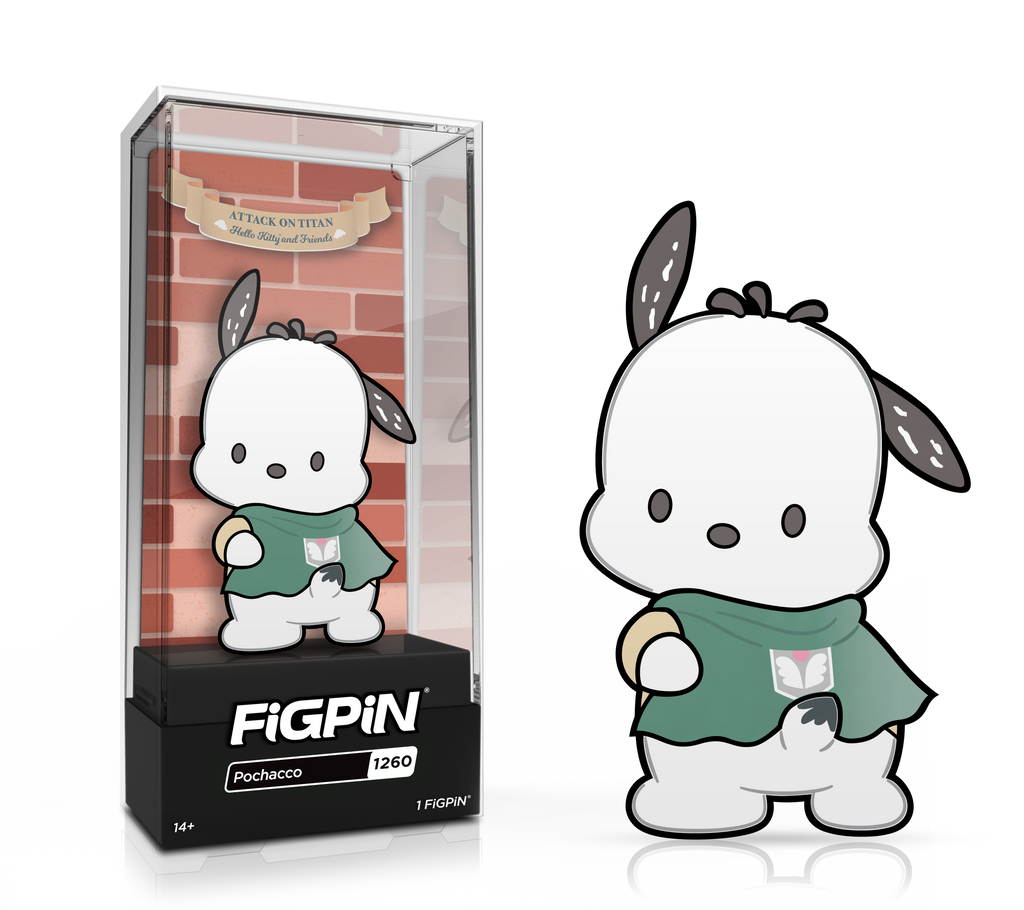 Side by side view of the Pochacco enamel pin in display case and the art render.