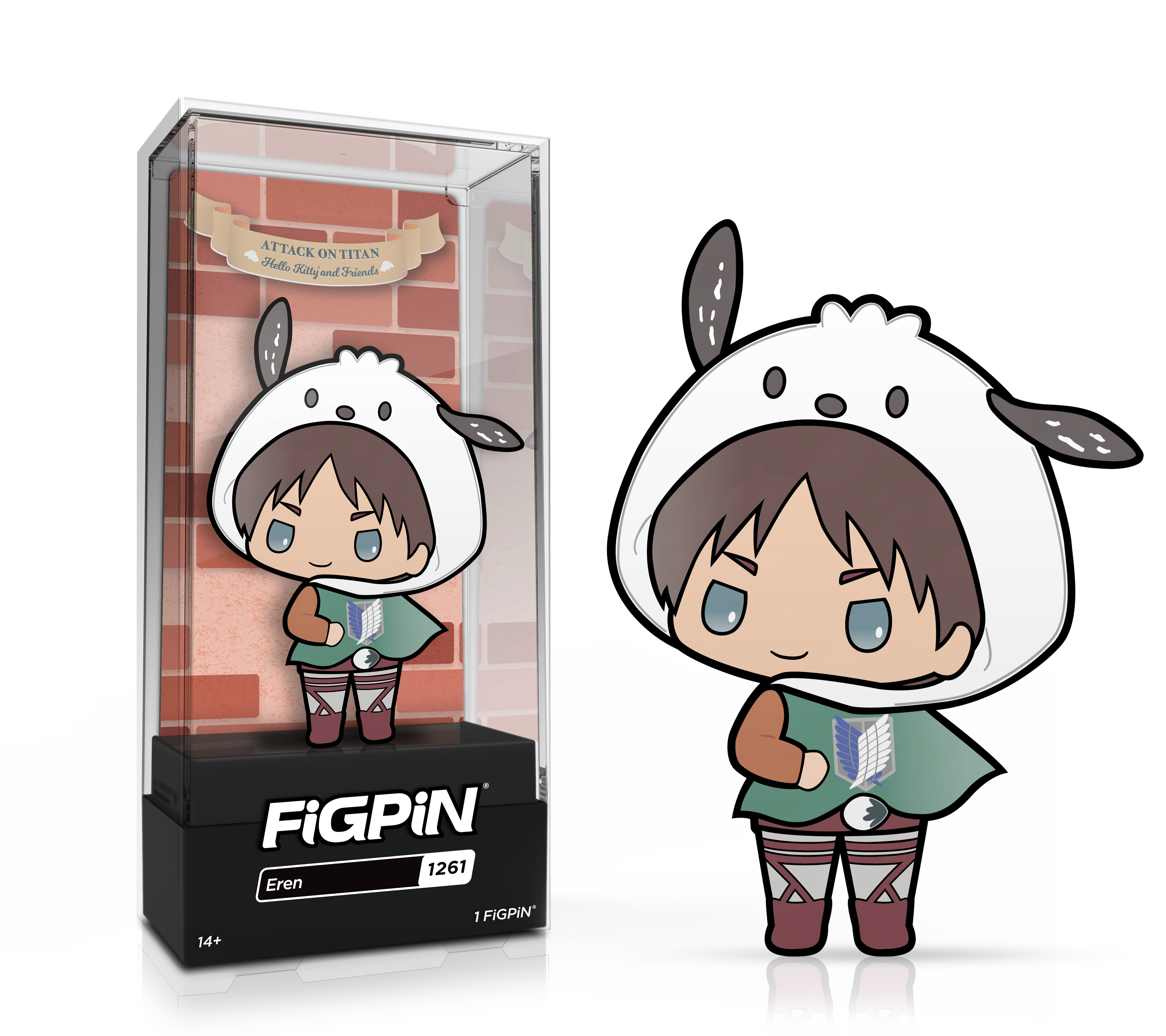 Side by side view of the Eren enamel pin in display case and the art render.