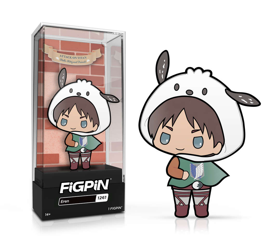 Side by side view of the Eren enamel pin in display case and the art render.