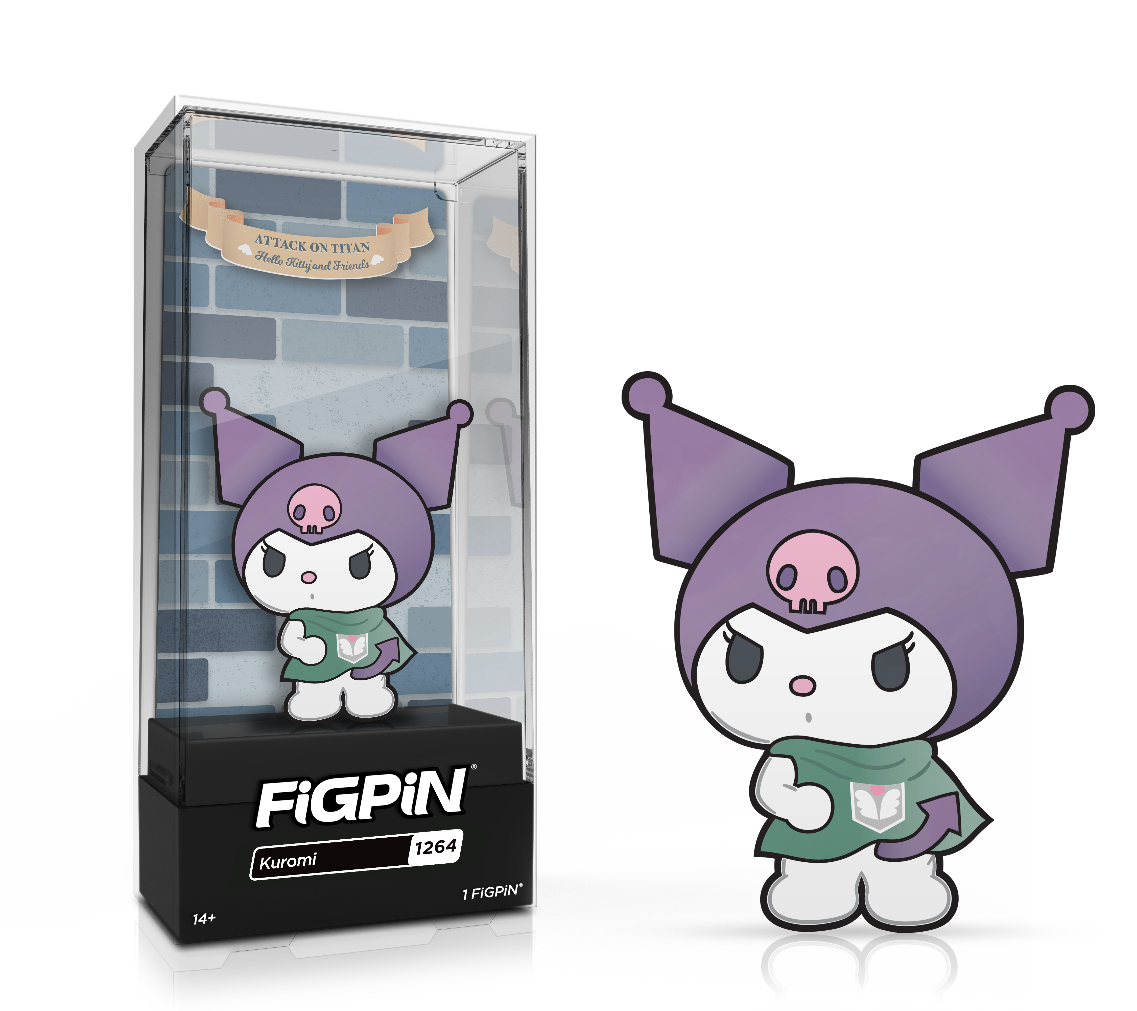 Side by side view of the Kuromi enamel pin in display case and the art render.