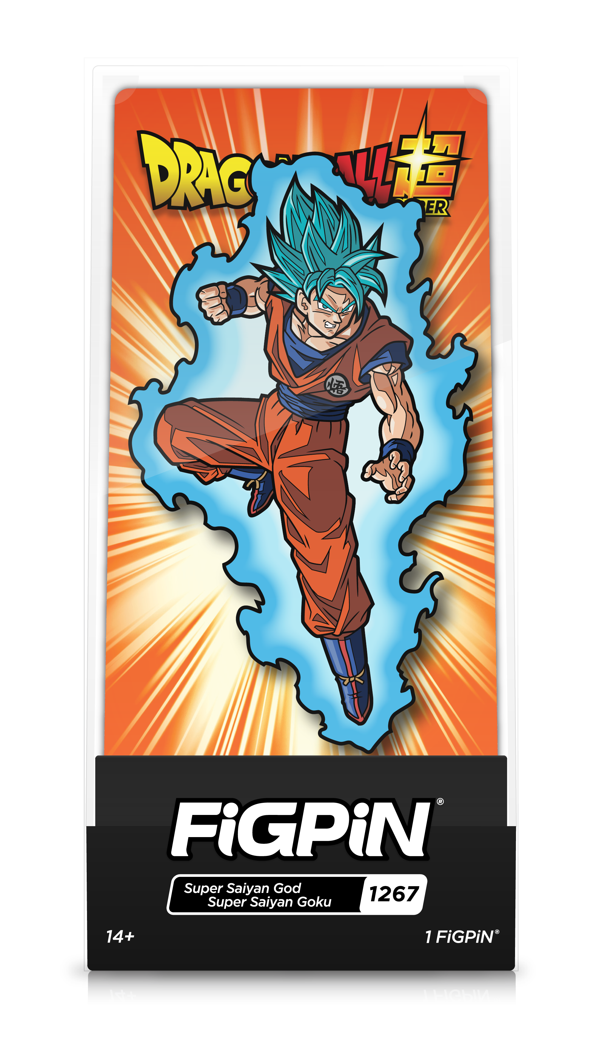 Front view of Dragon Ball Super's Super Saiyan God Super Saiyan Goku enamel pin inside FiGPiN Display case reading “FiGPiN - Super Saiyan God Super Saiyan Goku (1267)”