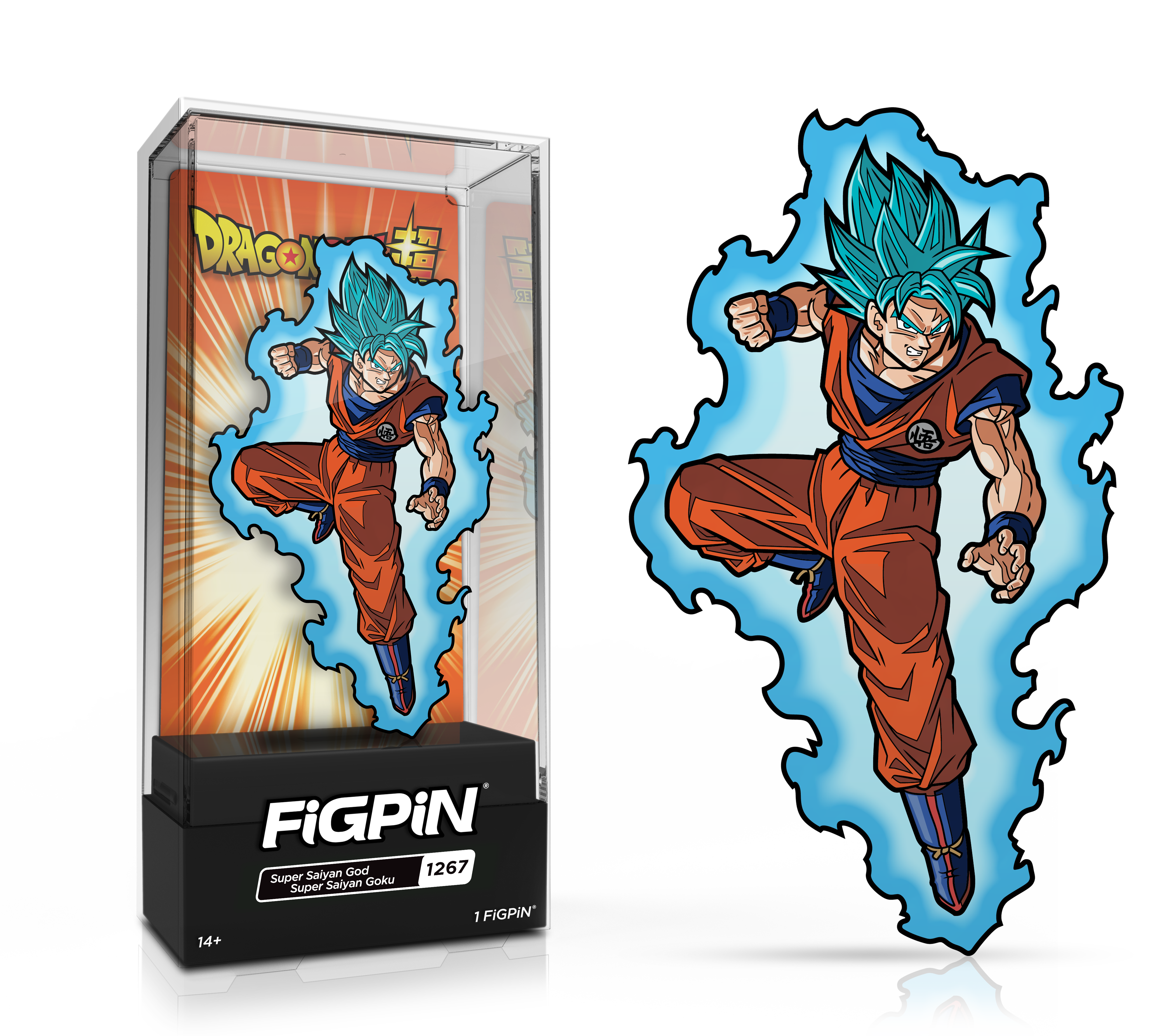 Side by side view of the Super Saiyan God Super Saiyan Goku enamel pin in display case and the art render.