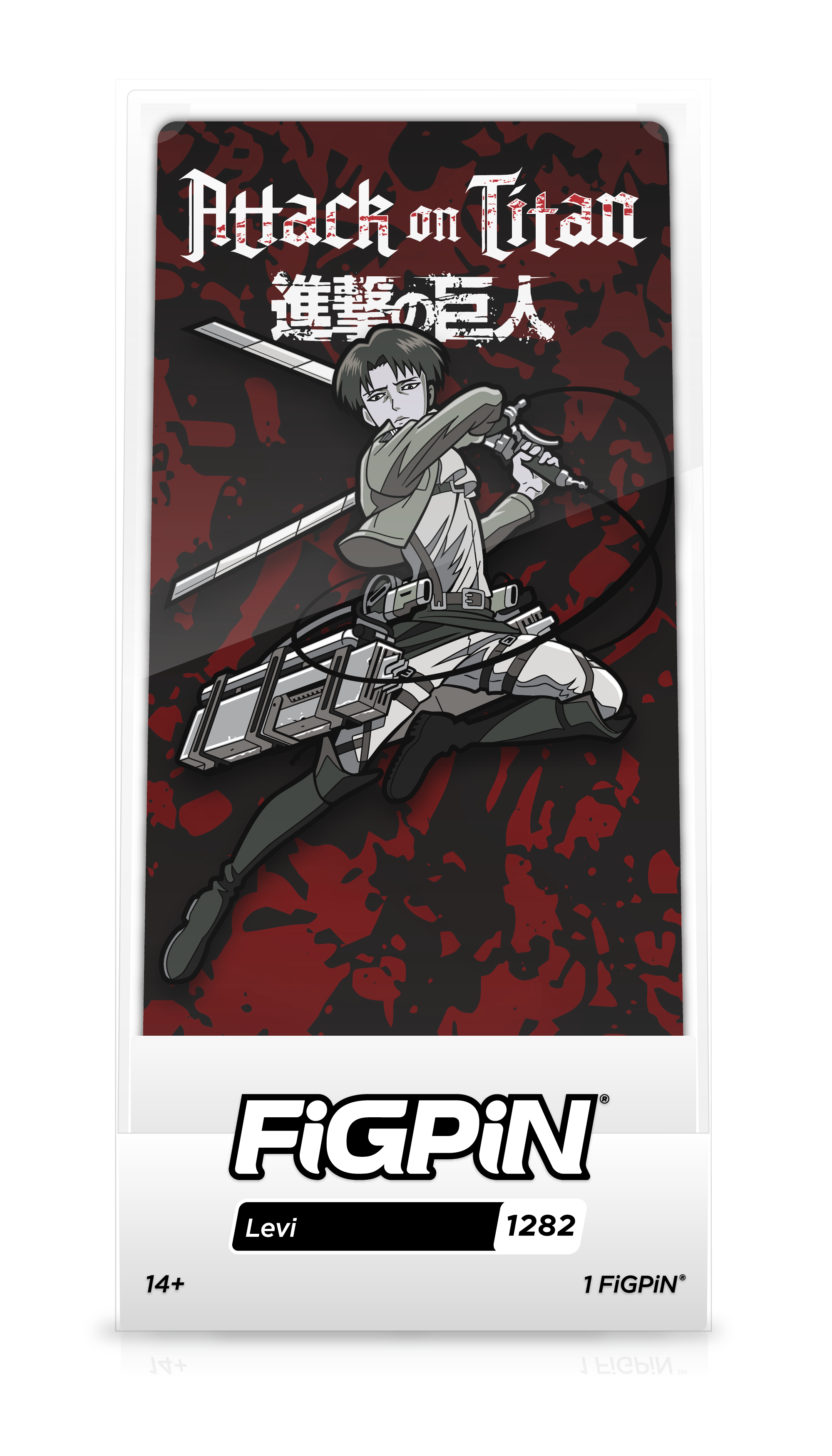 Front view of Attack on Titan's Levi enamel pin inside FiGPiN Display case reading "FiGPiN - Levi (1282)".