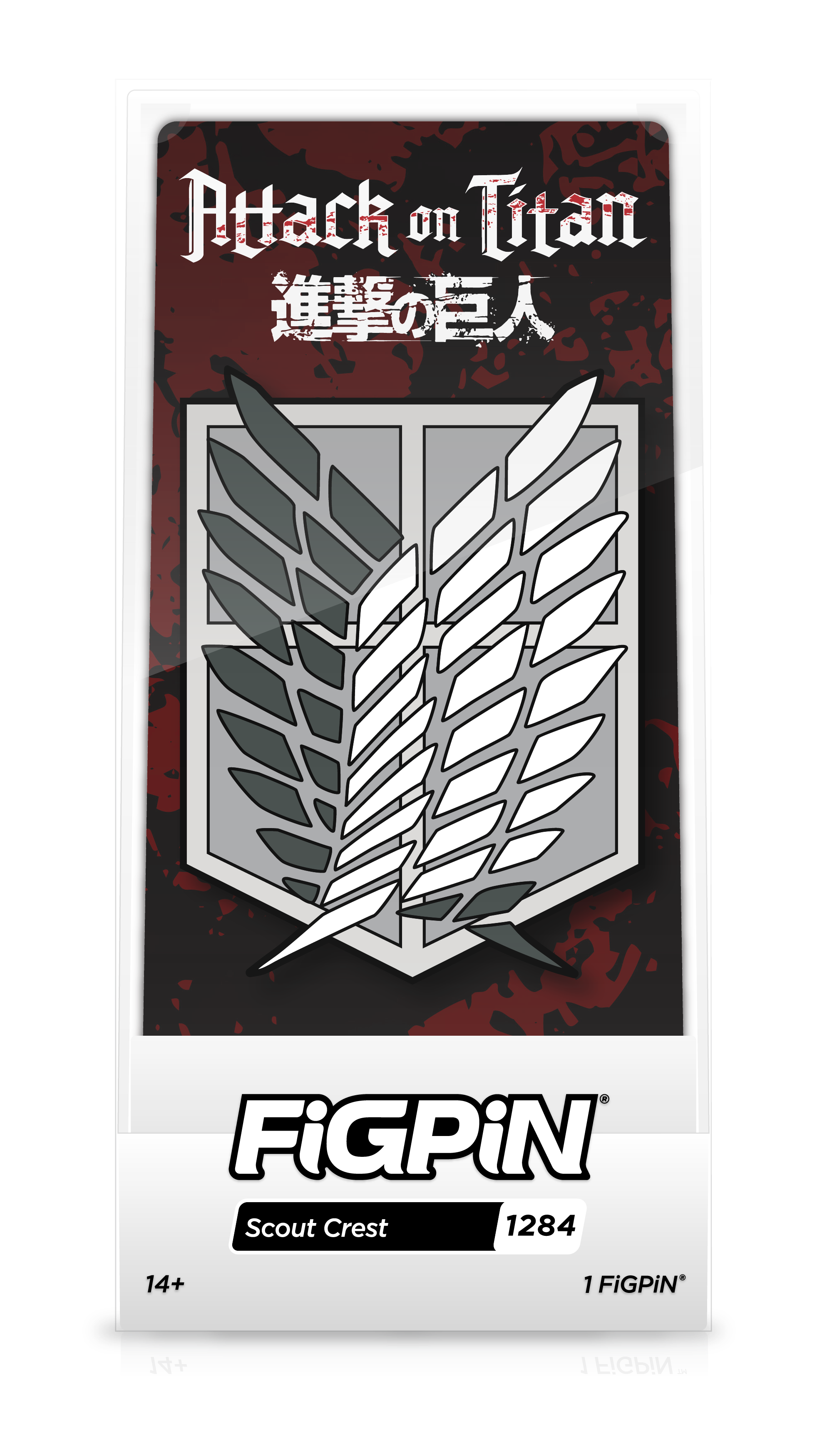 Front view of Attack on Titan's Scout Crest enamel pin inside FiGPiN Display case reading "FiGPiN - Scout Crest (1284)".