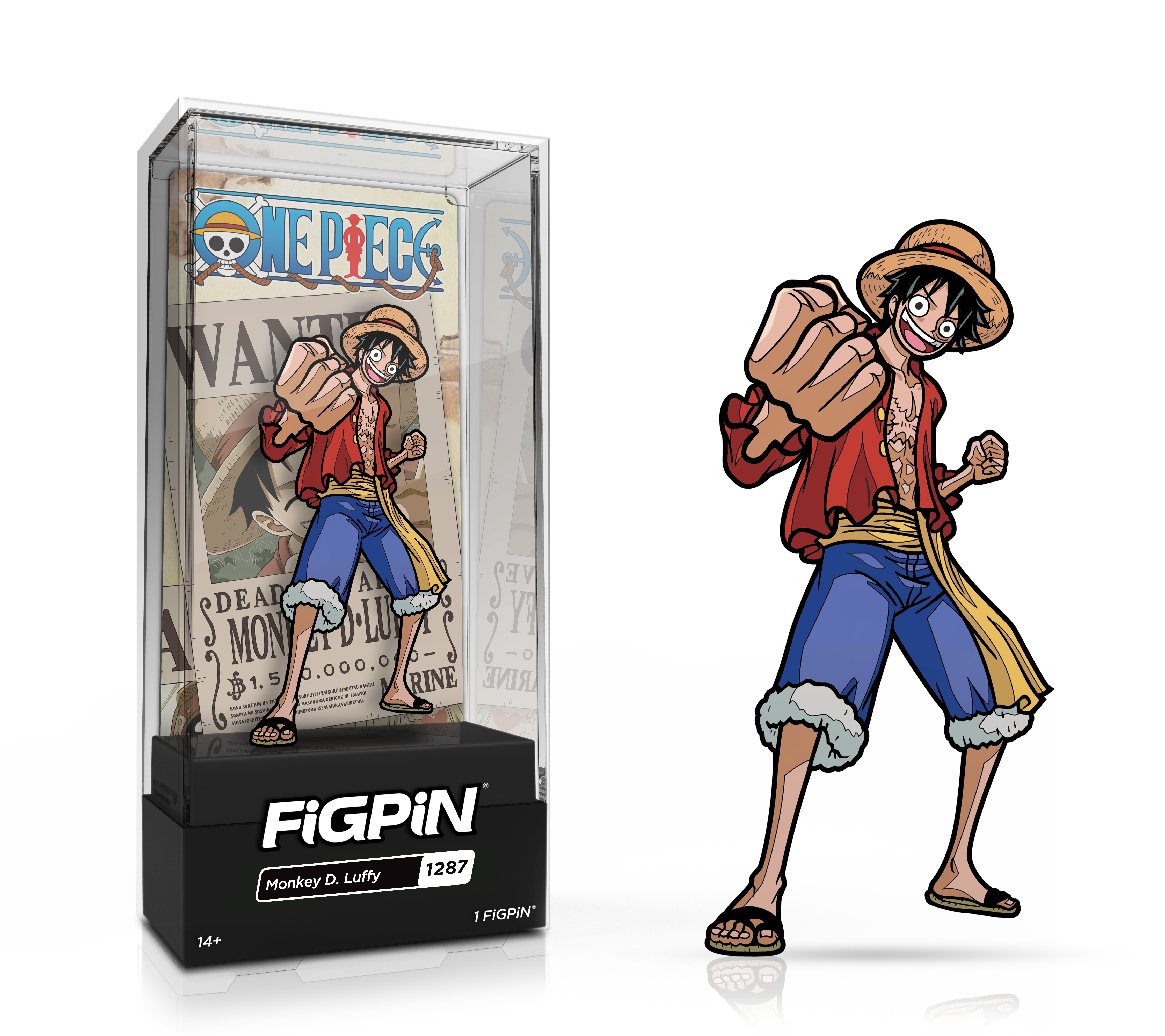 Side by side view of the Monkey D. Luffy enamel pin in display case and the art render.