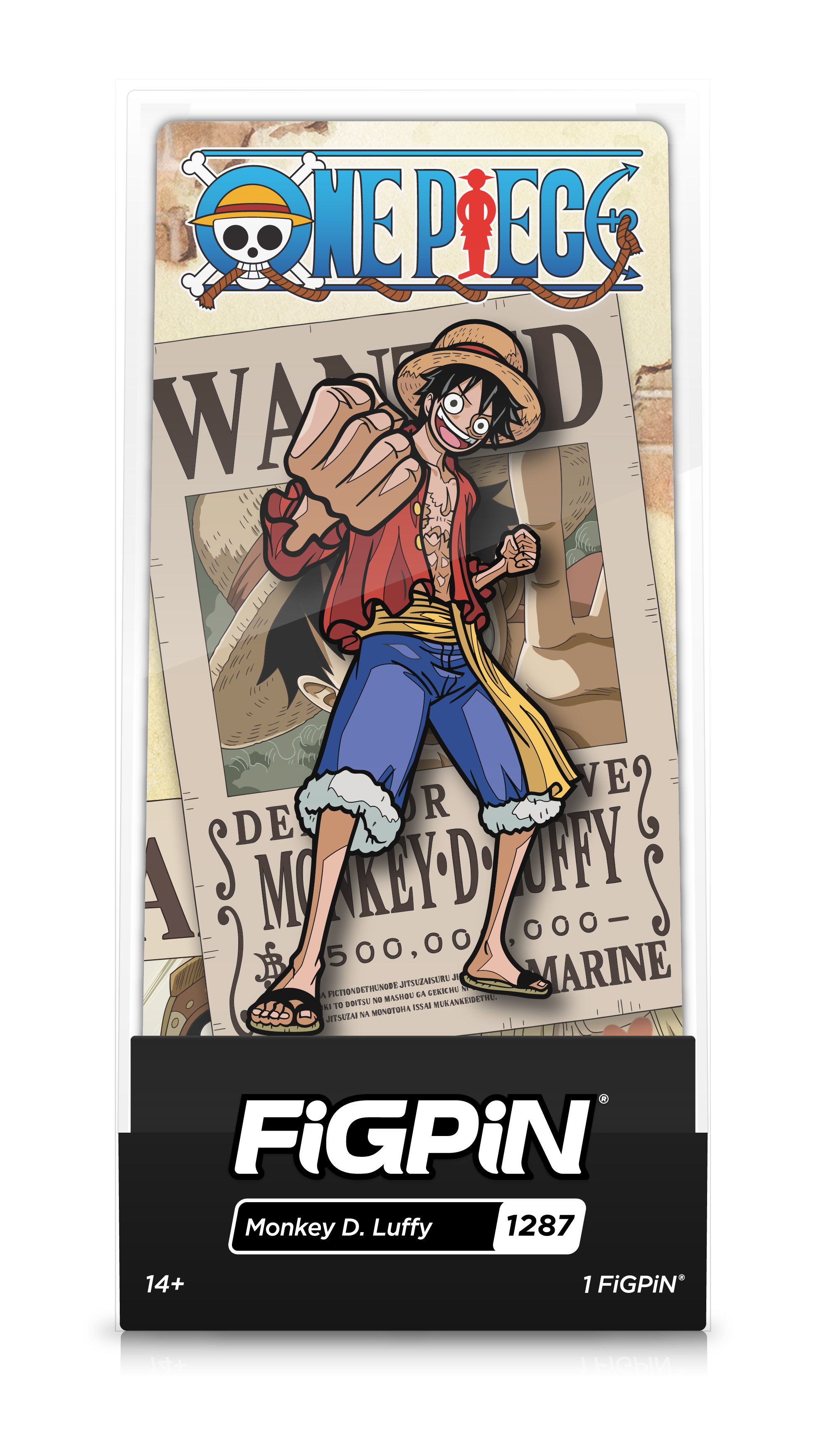 Front view of One Piece's Monkey D. Luffy enamel pin inside FiGPiN Display case reading “FiGPiN - Monkey D. Luffy (1287)”
