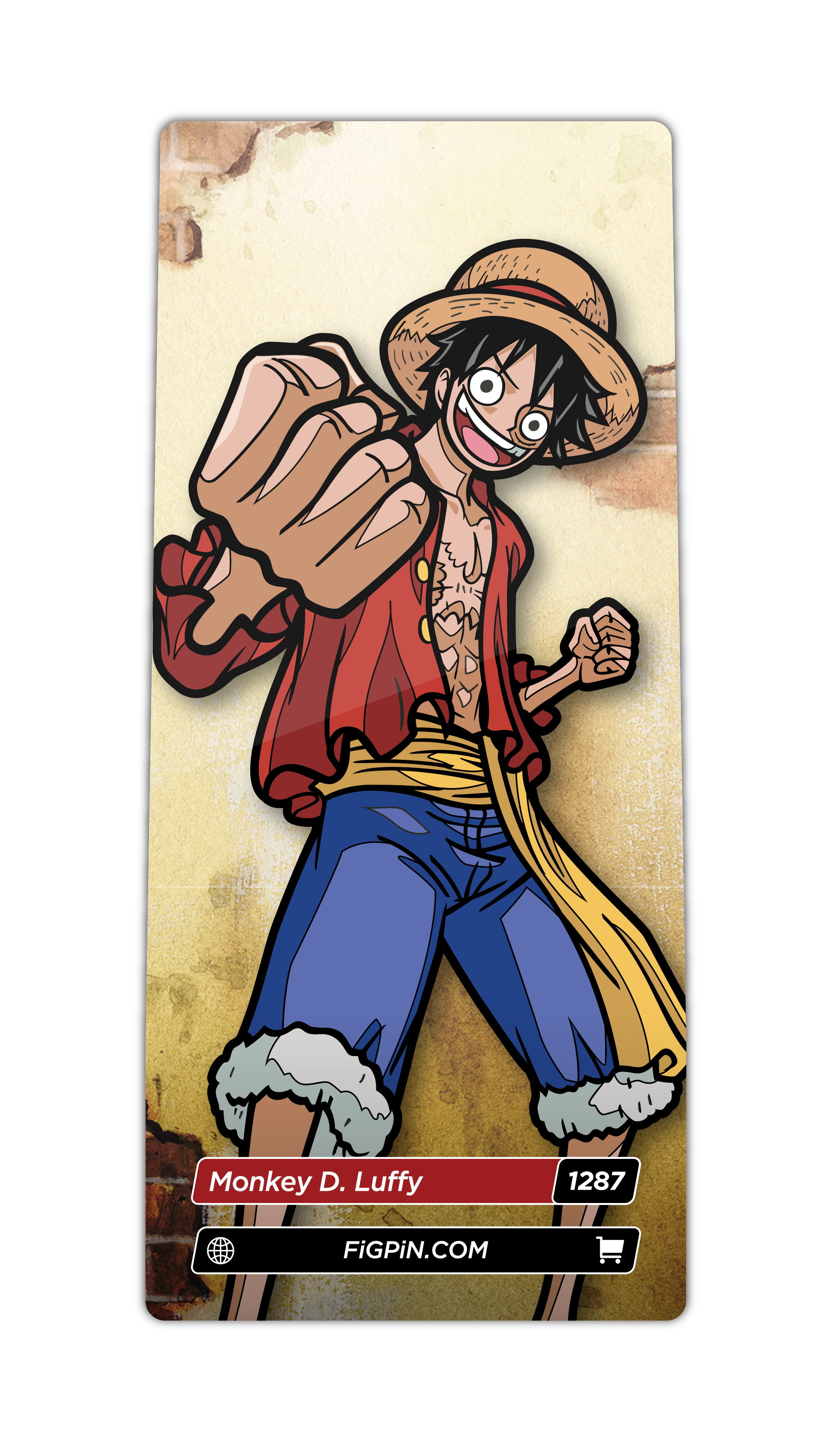 Character card of One Piece's Monkey D. Luffy with text “Monkey D. Luffy (1287)” and link to FiGPiN’s website