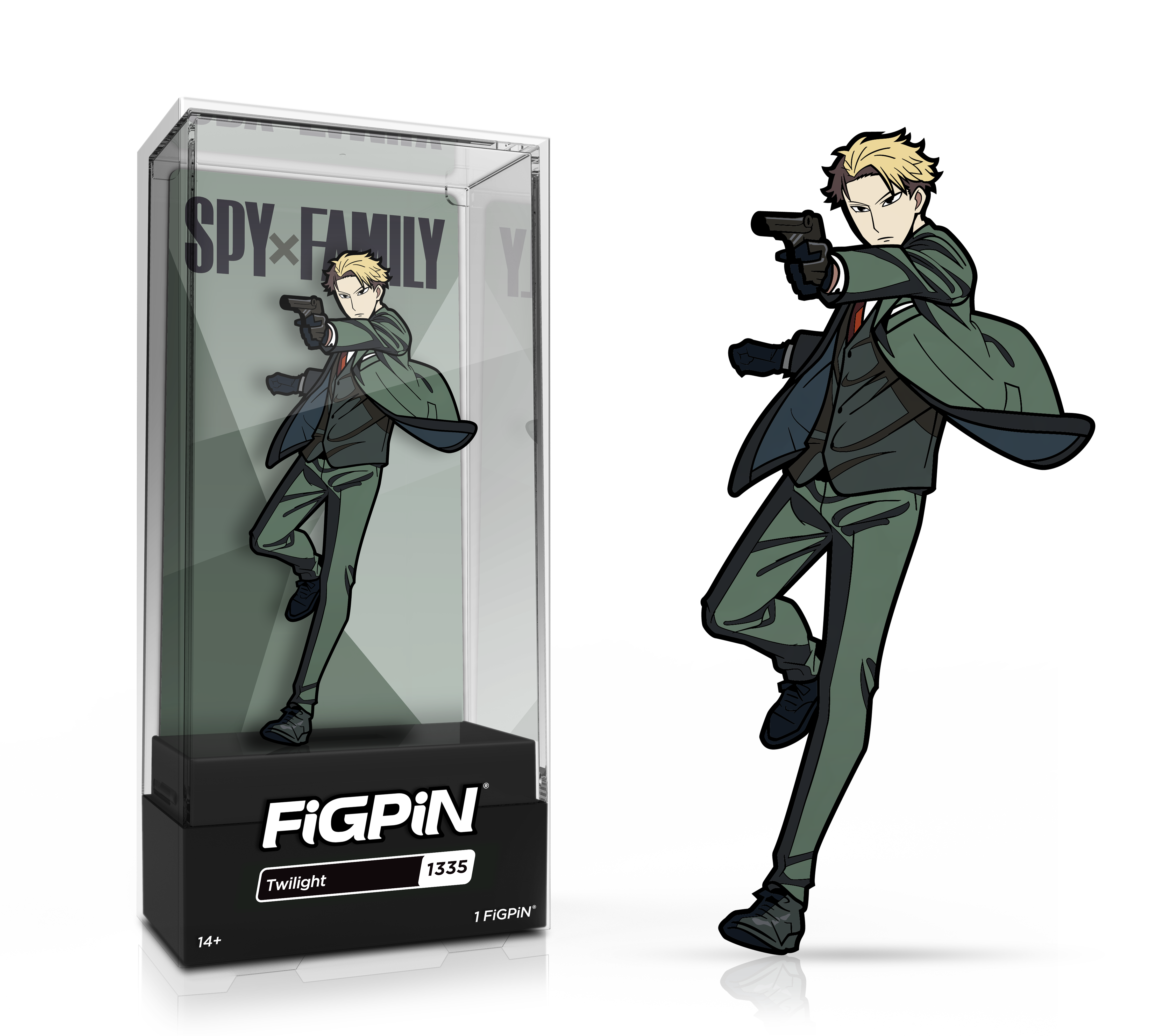 Side by side view of the Twilight enamel pin in display case and the art render.