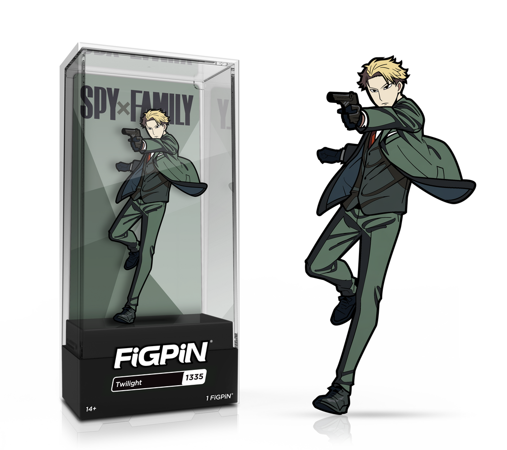 Side by side view of the Twilight enamel pin in display case and the art render.