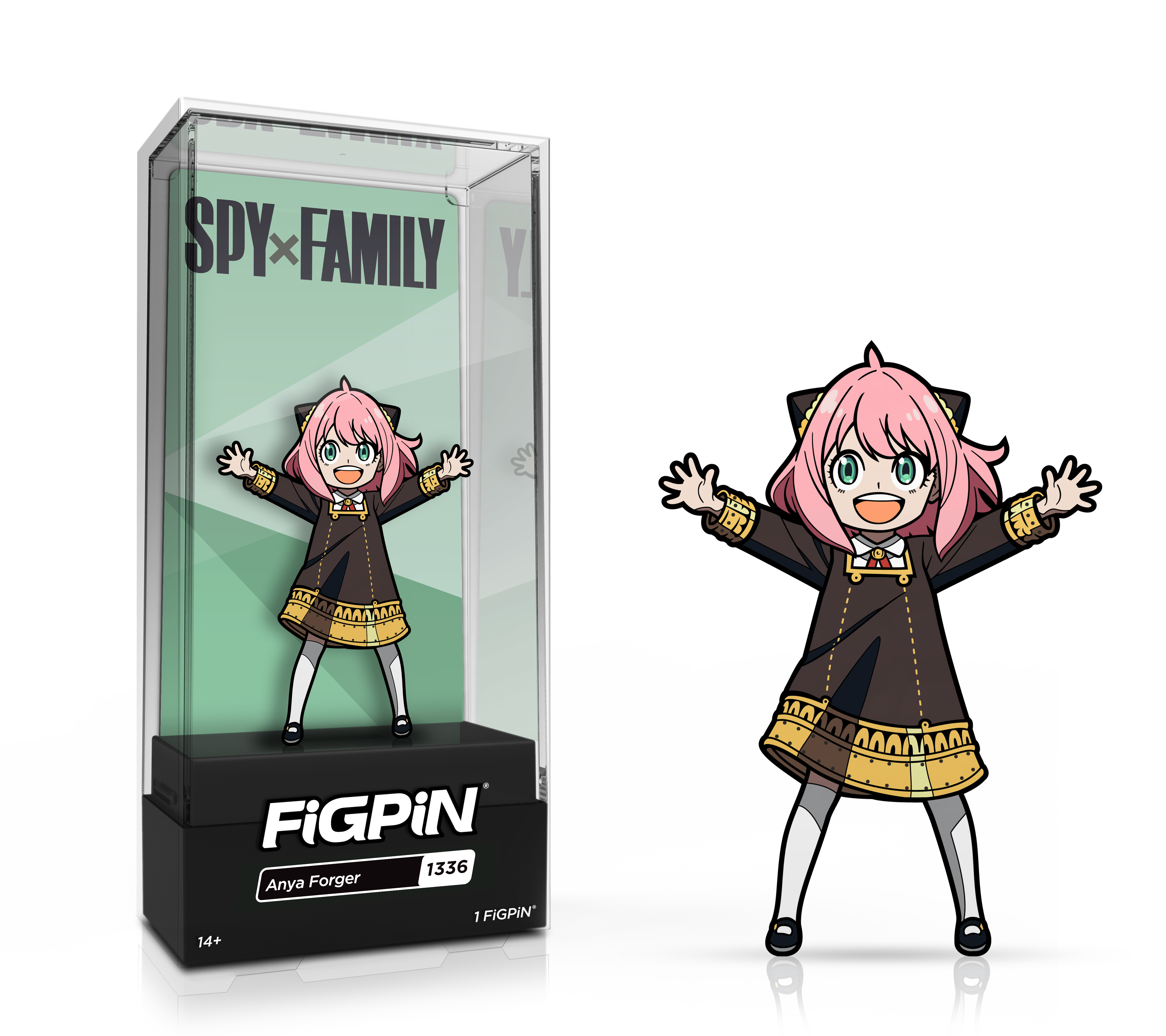 Side by side view of the Anya Forger enamel pin in display case and the art render.