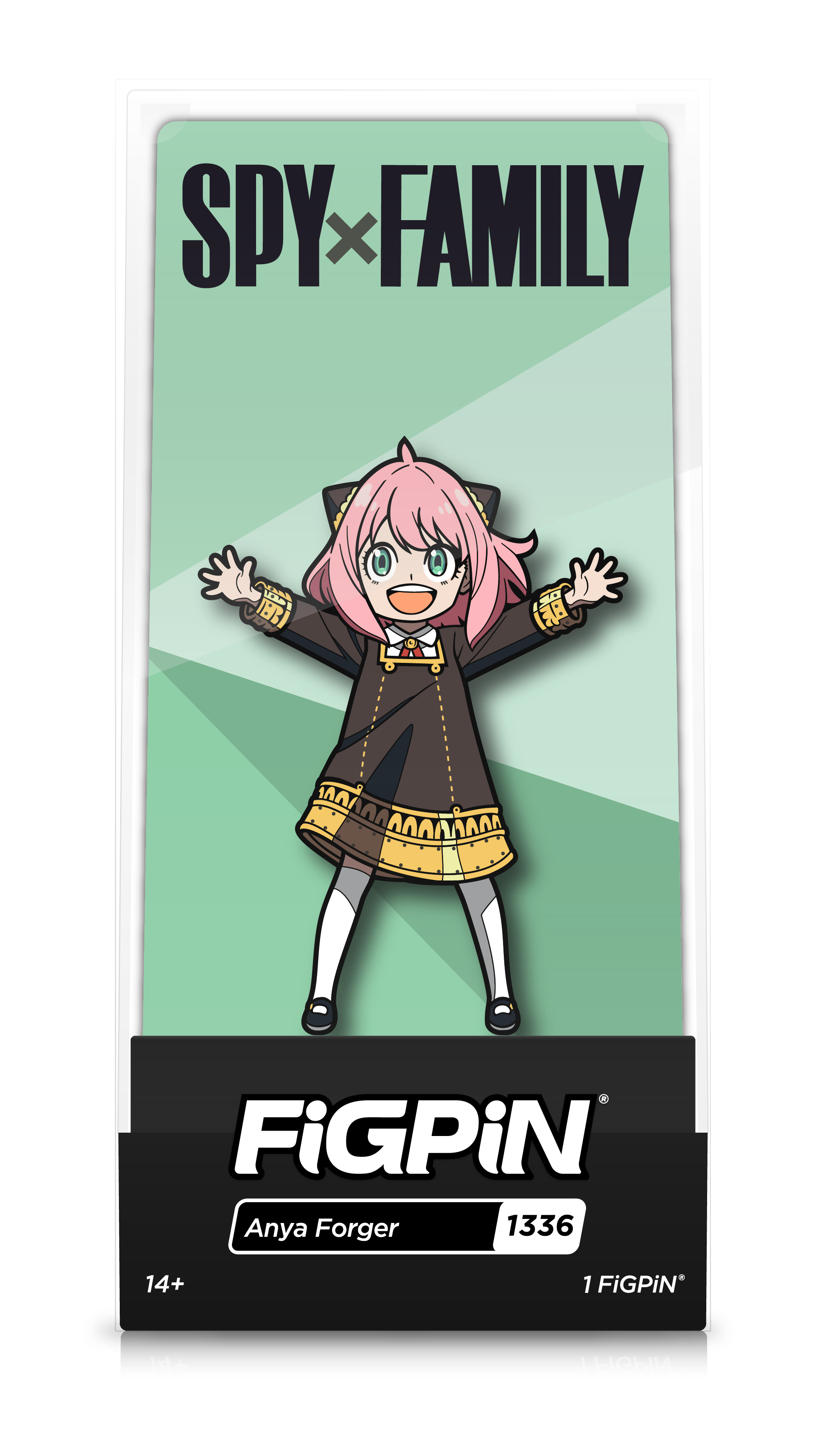 Front view of Spy x Family's Anya Forger enamel pin inside FiGPiN Display case regarding "FiGPiN - Anya Forger (1336)"