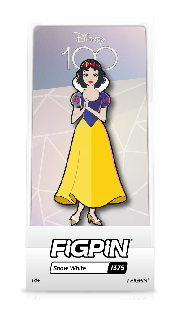 Front view of Disney100's Snow White enamel pin inside FiGPiN Display case reading “FiGPiN - Snow White (1375)”