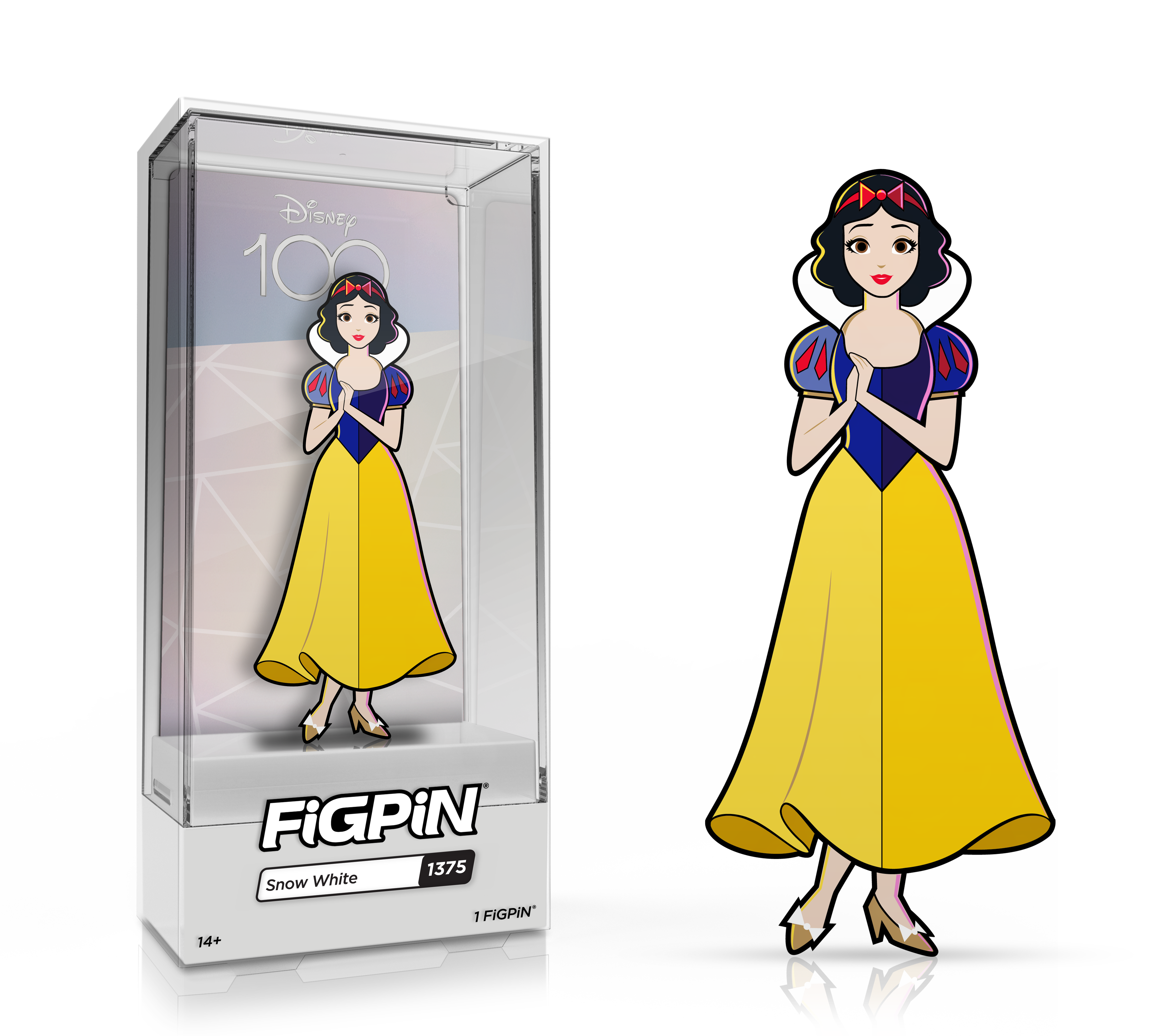 Side by side view of the Snow White enamel pin in display case and the art render.