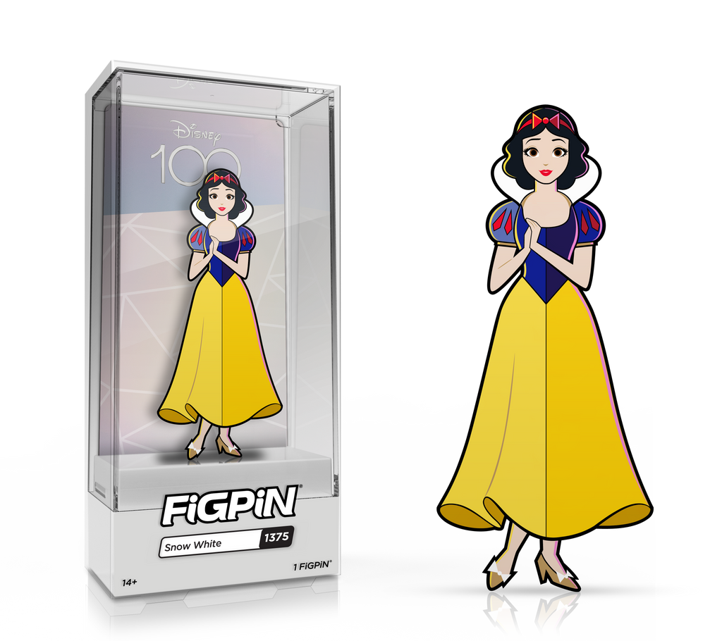 Side by side view of the Snow White enamel pin in display case and the art render.