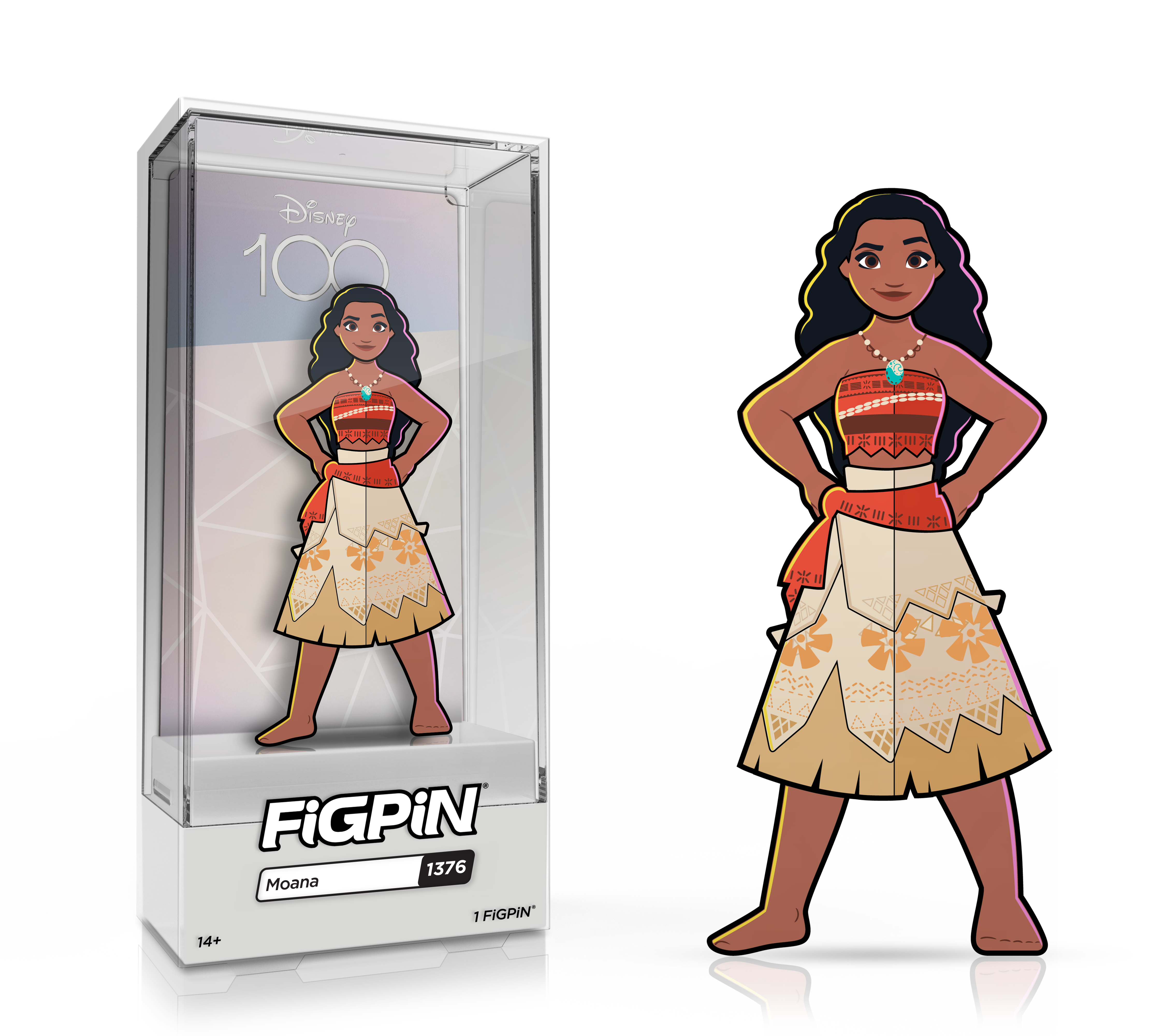 Side by side view of the Moana enamel pin in display case and the art render.