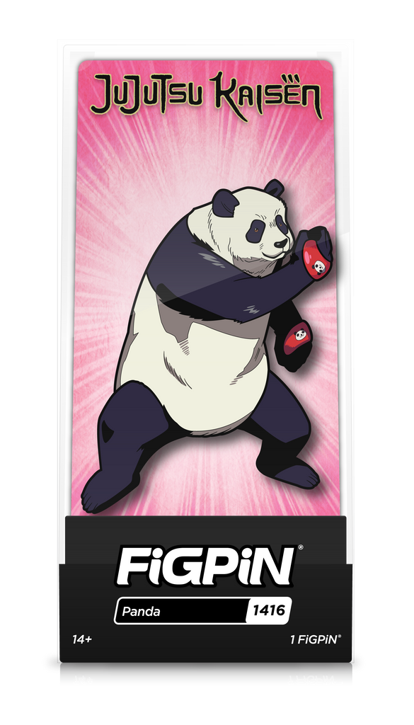 Front view of Jujutsu Kaisen's Panda enamel pin inside FiGPiN Display case regarding "FiGPiN - Panda (1416)"