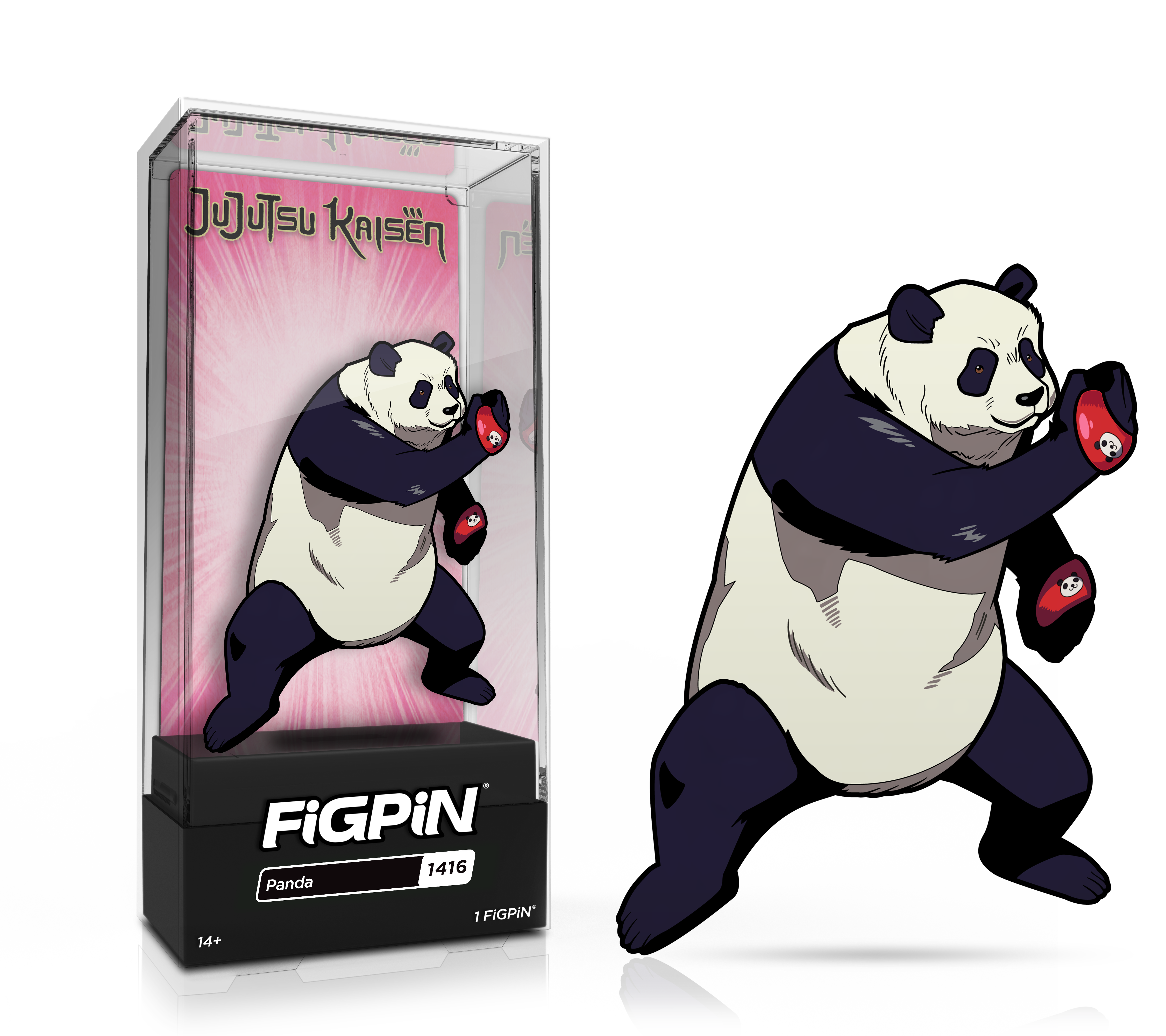 Side by side view of the Panda enamel pin in display case and the art render.