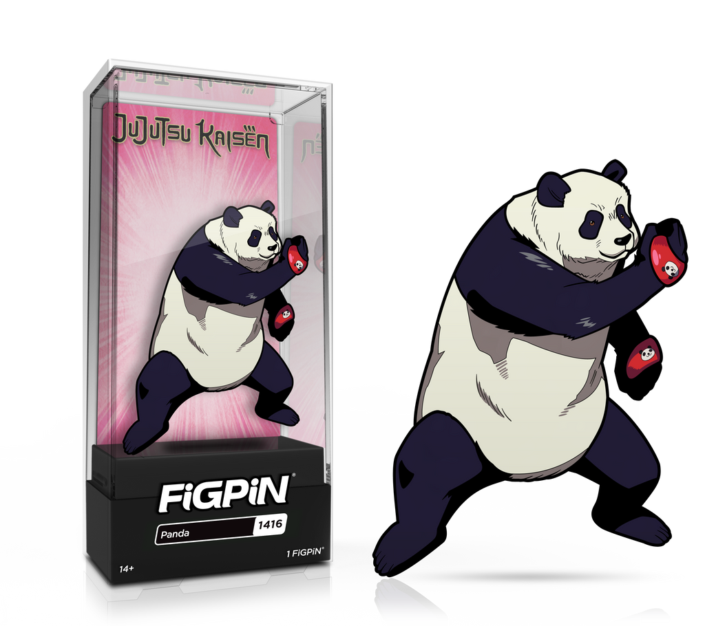 Side by side view of the Panda enamel pin in display case and the art render.