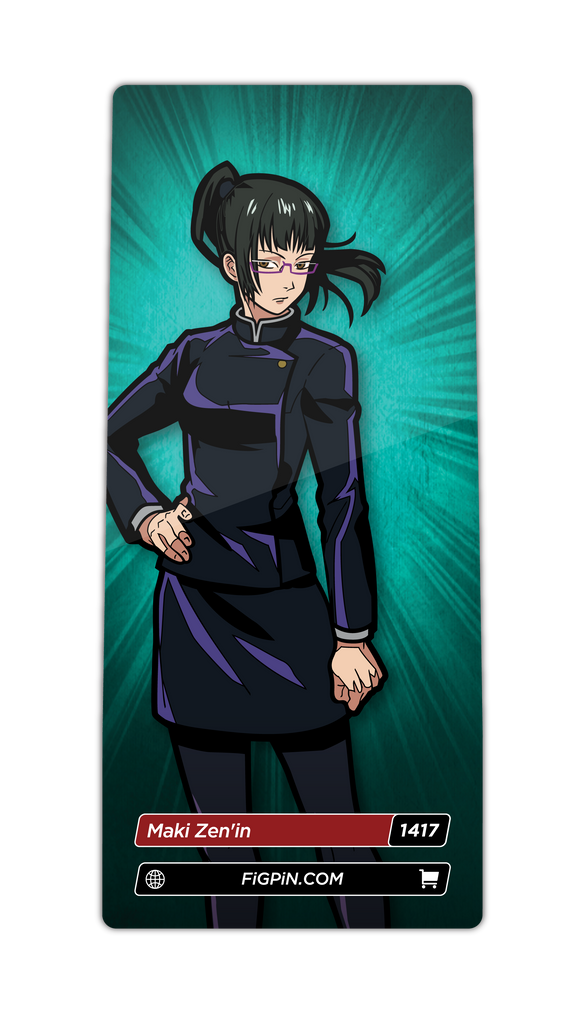 Character card of Jujutsu Kaisen's Maki Zen'in with text “Maki Zen'in (1417)” and link to FiGPiN’s website