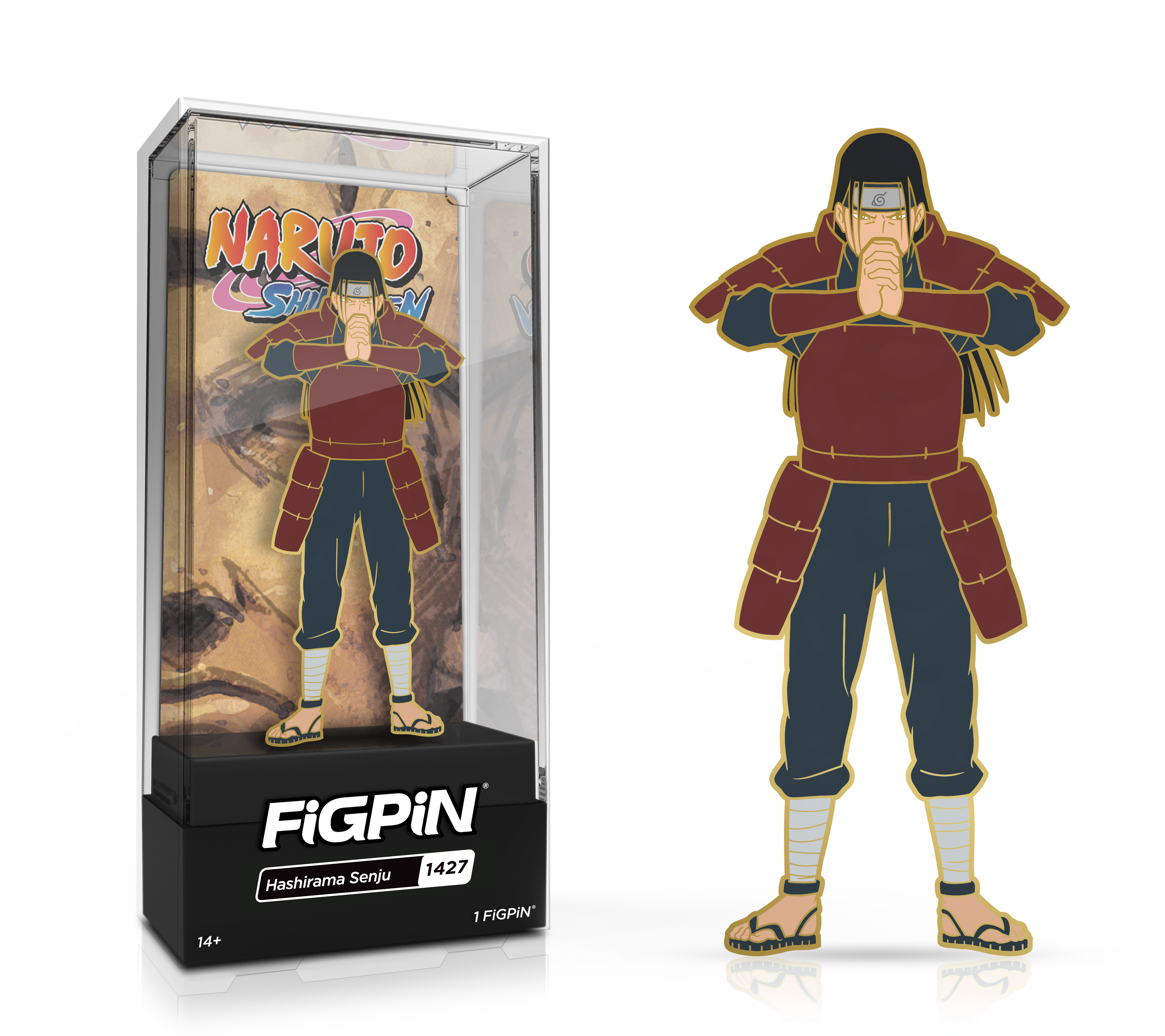Side by side view of the Hashirama Senju enamel pin in display case and the art render.
