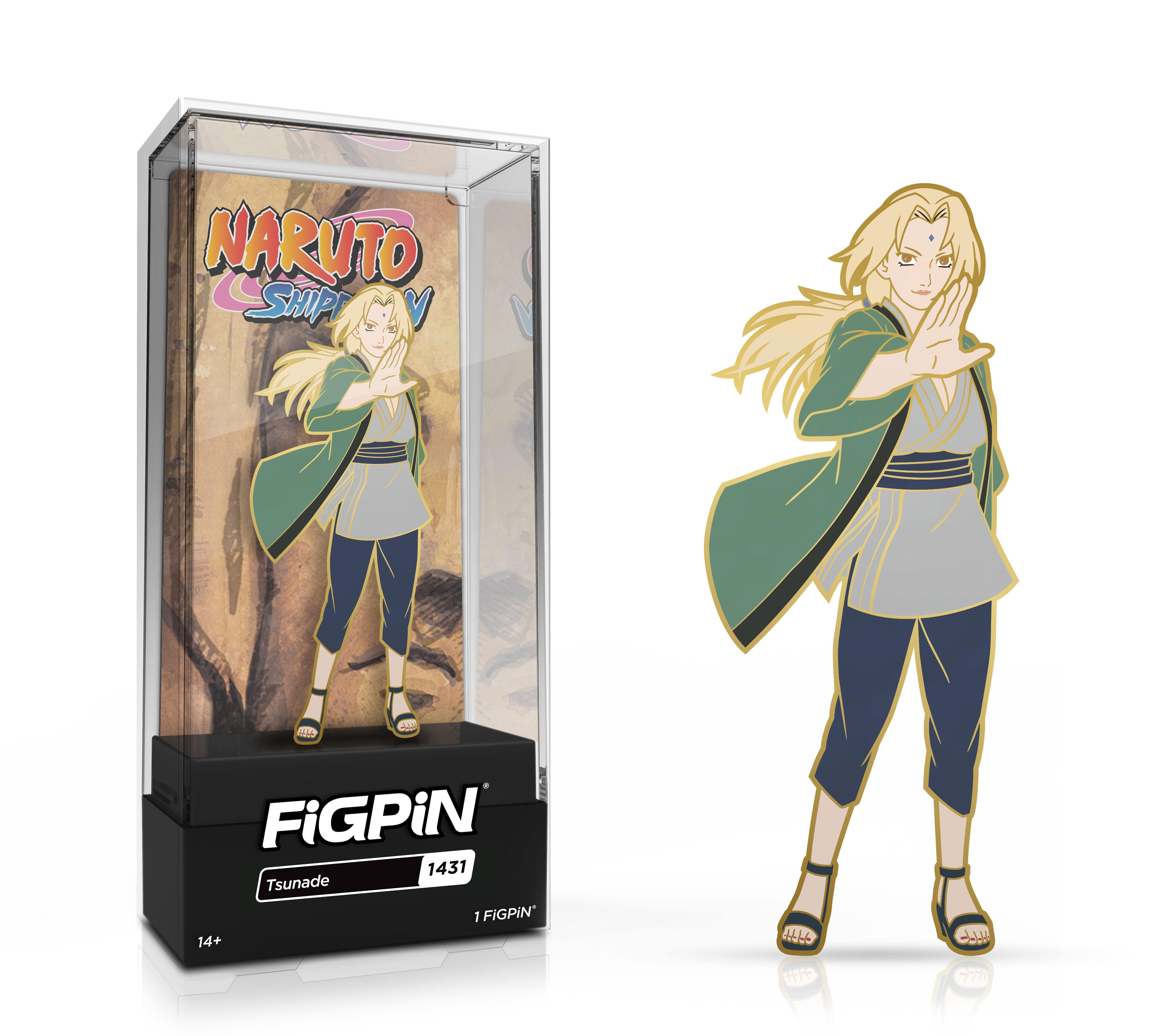Side by side view of the Tsunade enamel pin in display case and the art render.