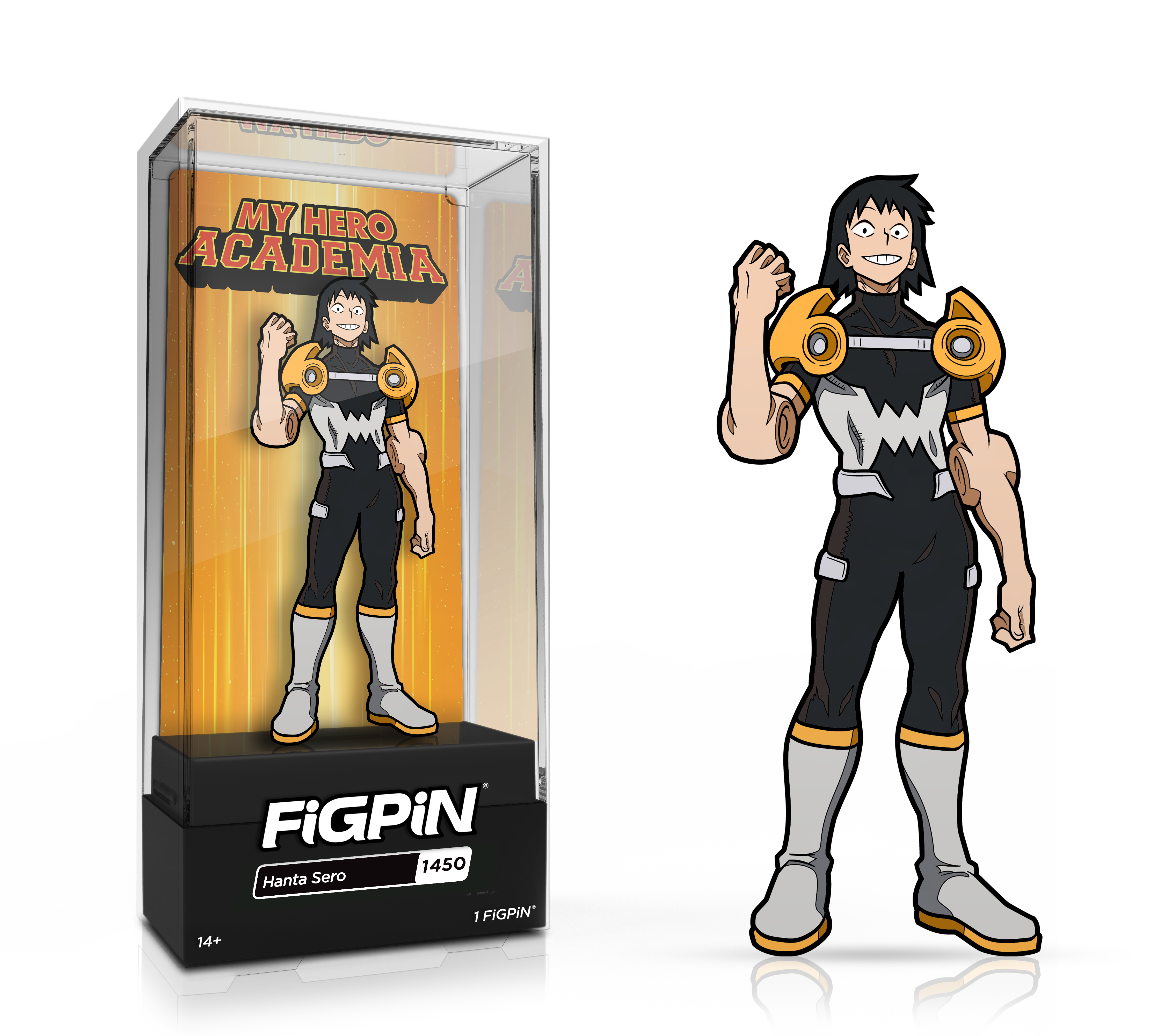 Side by side view of the Hanta Sero enamel pin in display case and the art render.