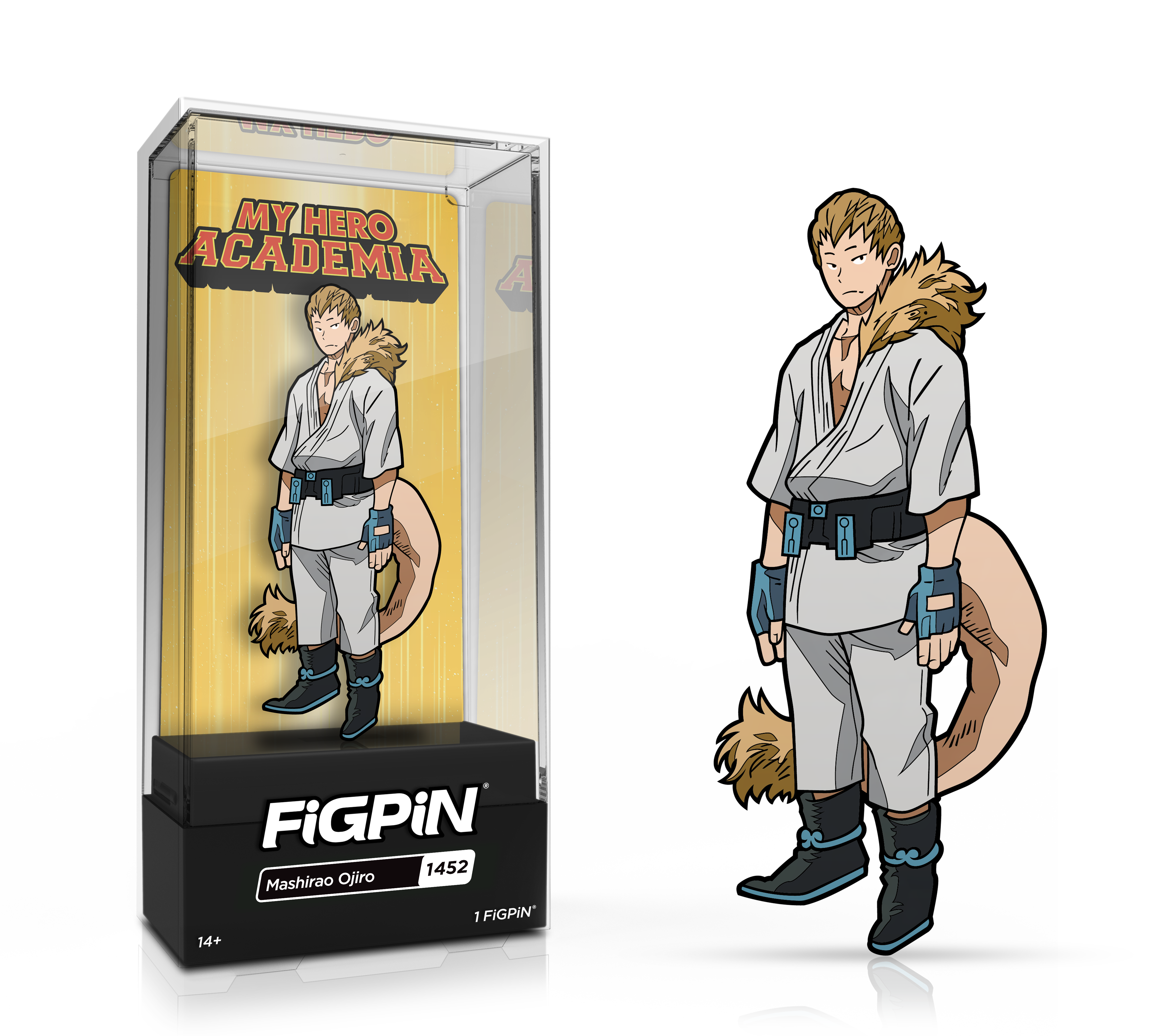 Side by side view of the Mashirao Ojiro enamel pin in display case and the art render.