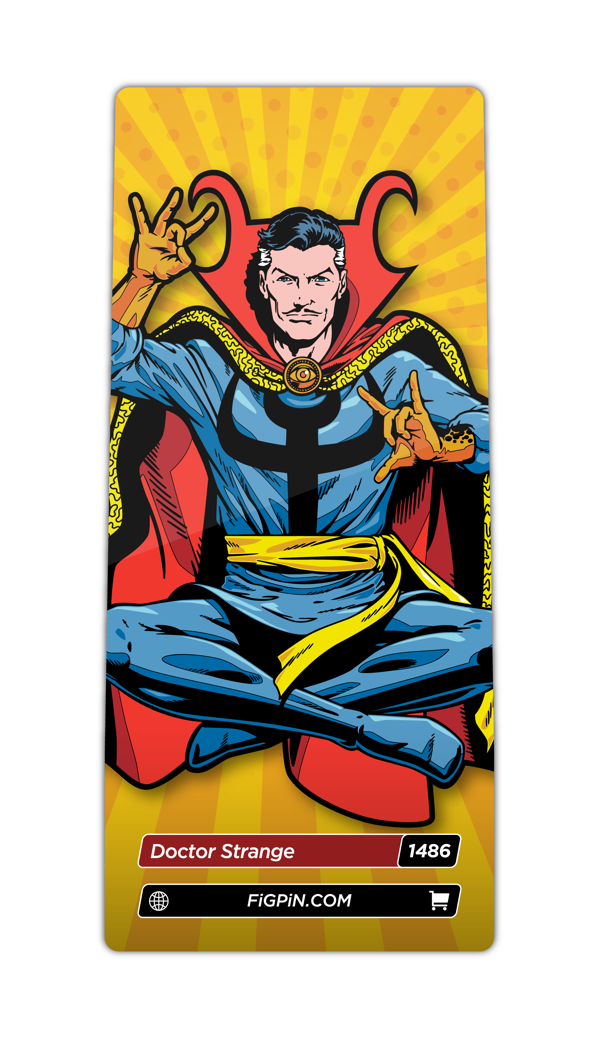 Character card of Marvel's Doctor Strange with text “Doctor Strange (1486)” and link to FiGPiN’s website