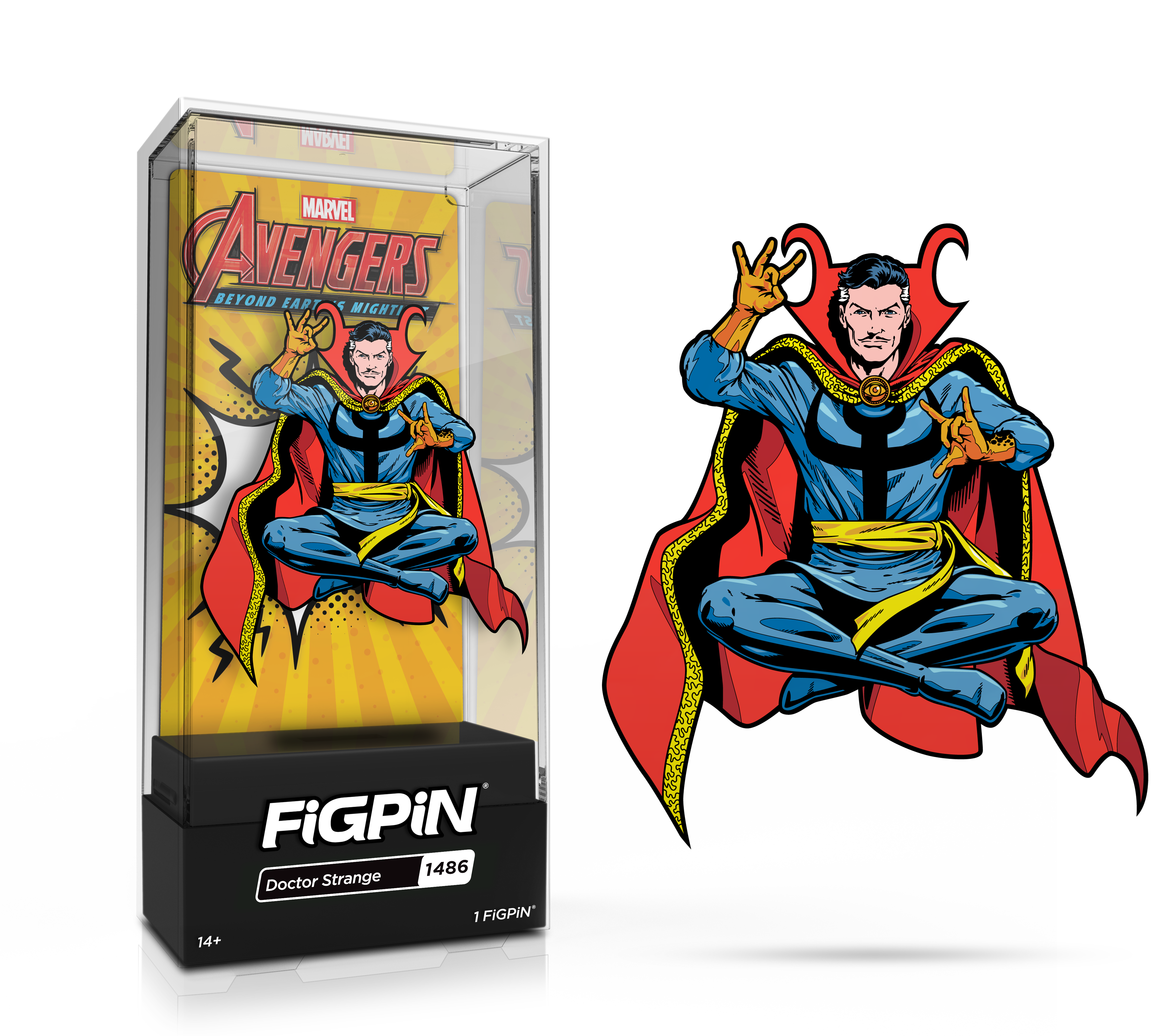 Side by side view of the Doctor Strange enamel pin in display case and the art render.