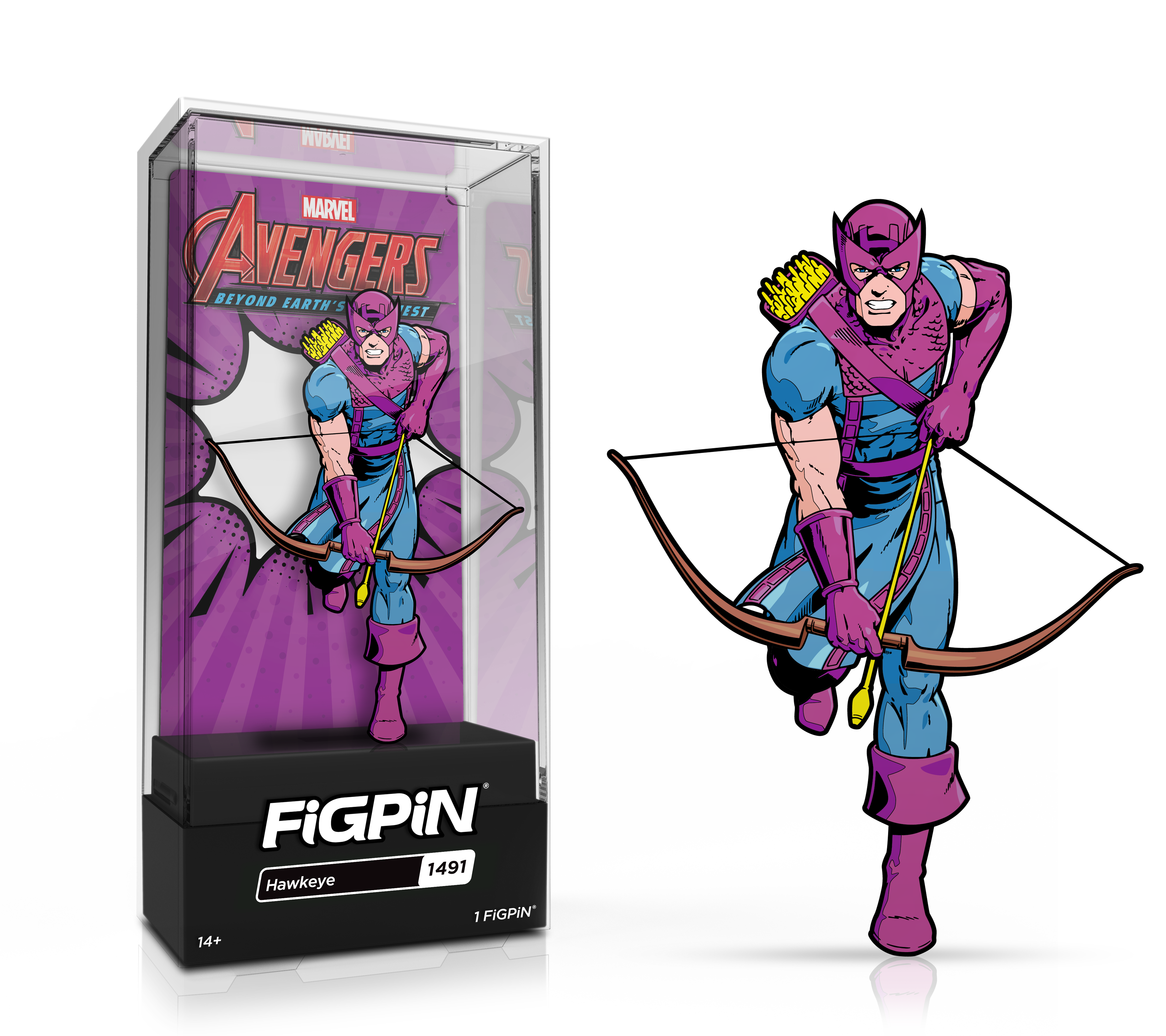Side by side view of the Hawkeye enamel pin in display case and the art render.