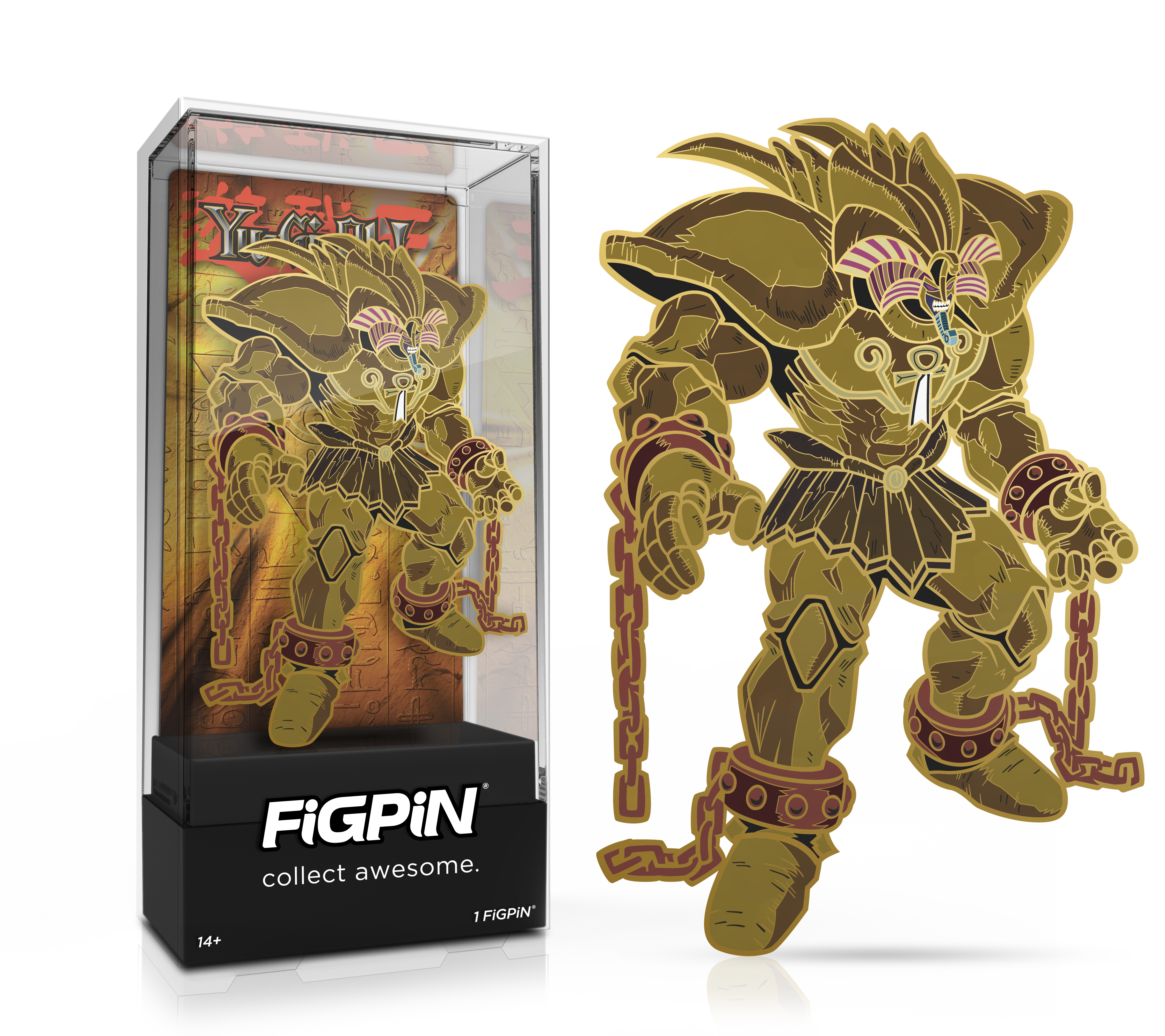 Side by side view of the Exodia the Forbidden One enamel pin in display case and the art render.