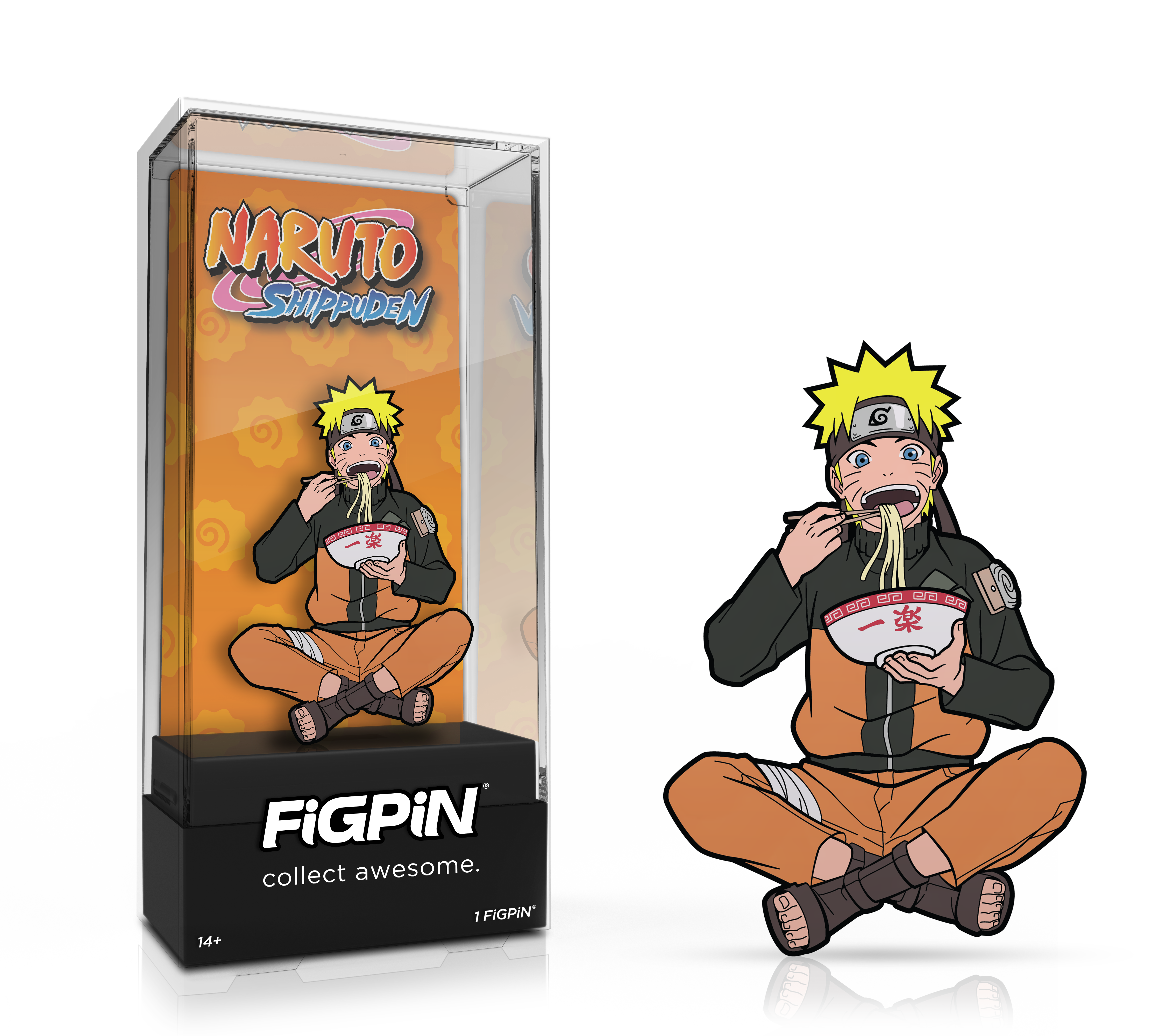 Side by side view of the Naruto Uzumaki (common) enamel pin in display case and the art render.