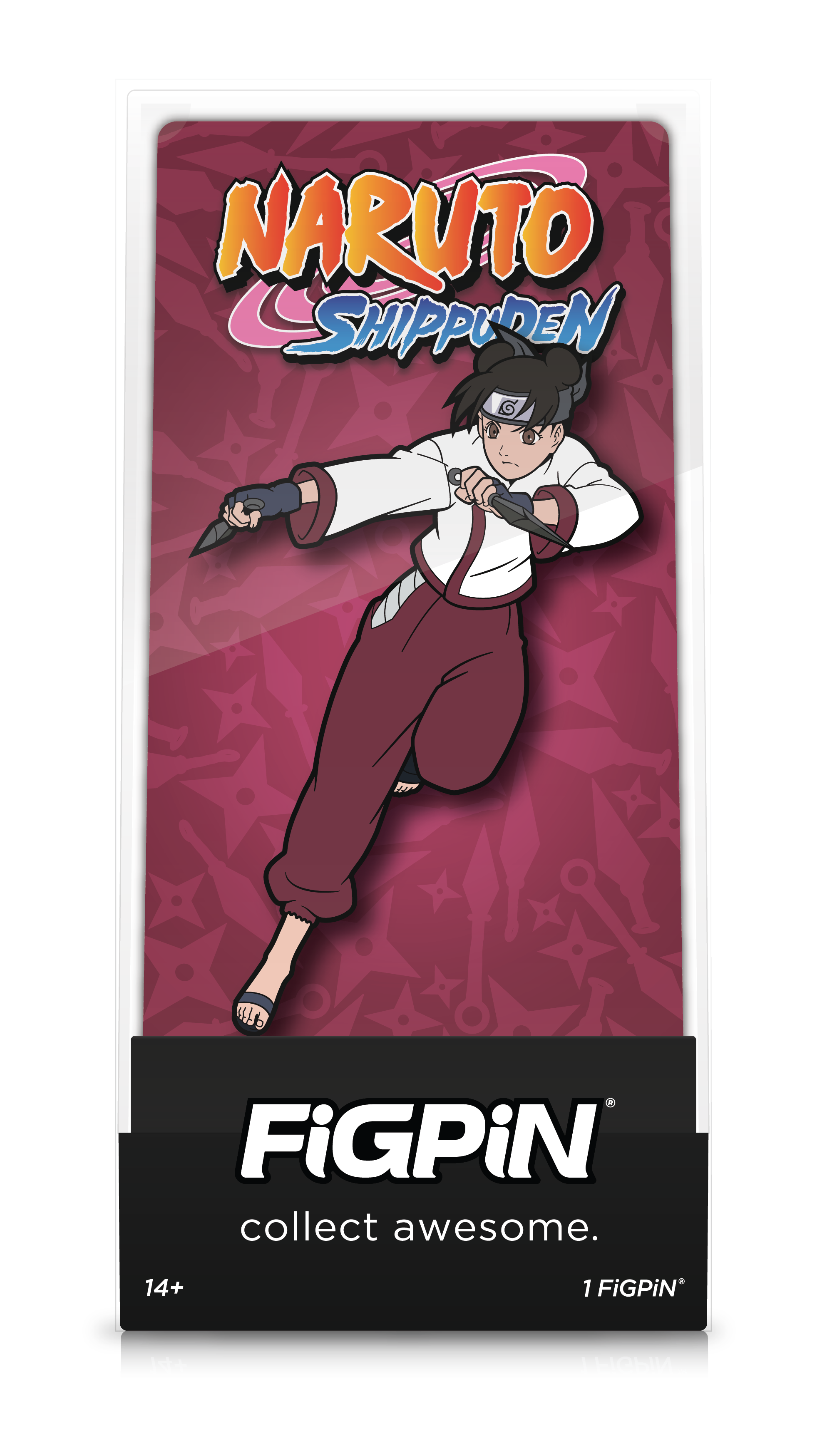 Front view of Naruto Shippuden's Tenten enamel pin inside FiGPiN Display case reading “collect awesome"