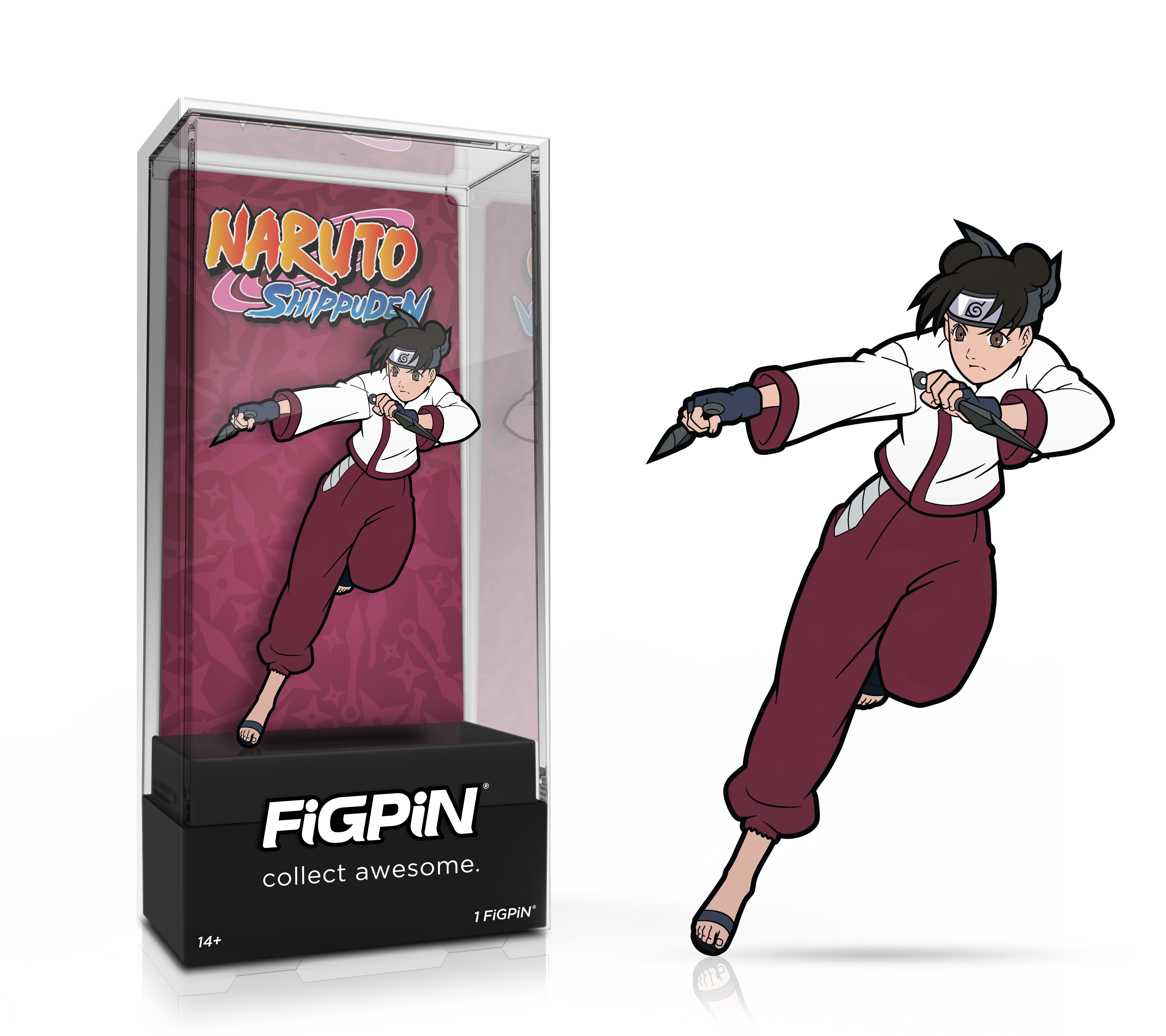 Side by side view of Naruto Shippuden's Tenten enamel pin in display case and the art render.