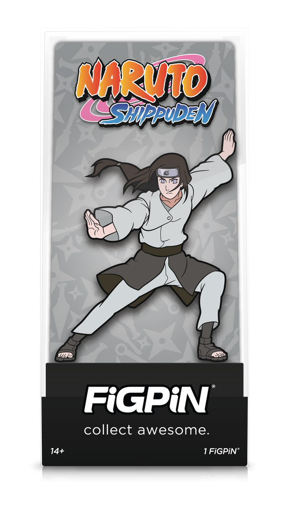 Front view of Naruto Shippuden's Neji enamel pin inside FiGPiN Display case reading “collect awesome"