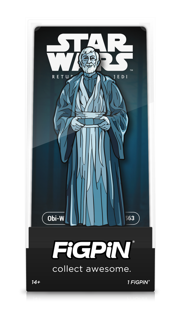 Front view of STAR WARS: RETURN OF THE JEDI's Obi-Wan Kenobi enamel pin inside FiGPiN Display case reading “collect awesome"