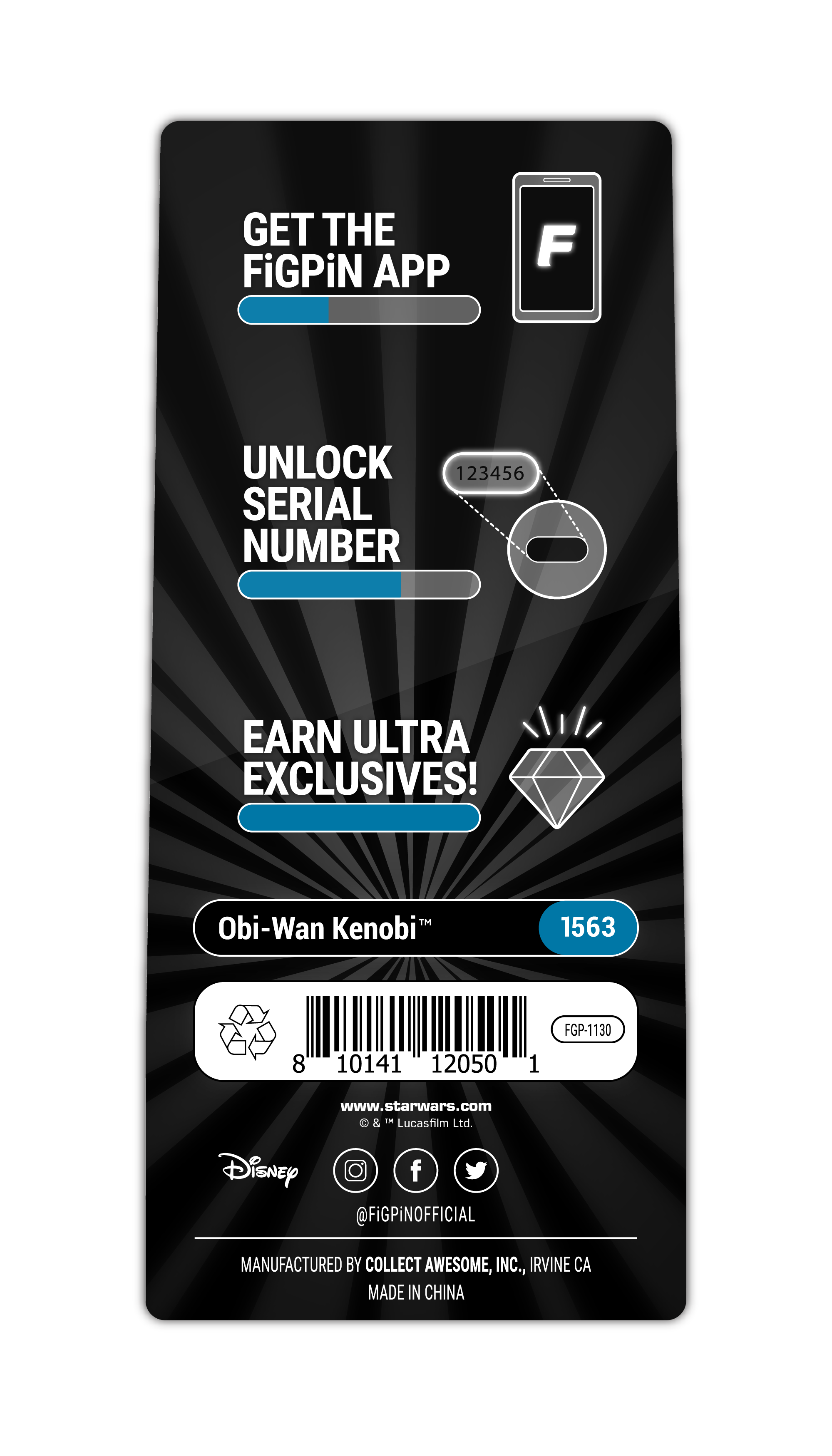 Character card with information on the FiGPiN APP and text "Obi-Wan Kenobi (1563)"