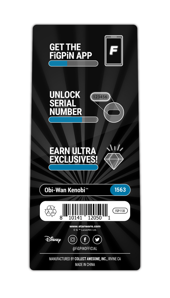 Character card with information on the FiGPiN APP and text "Obi-Wan Kenobi (1563)"