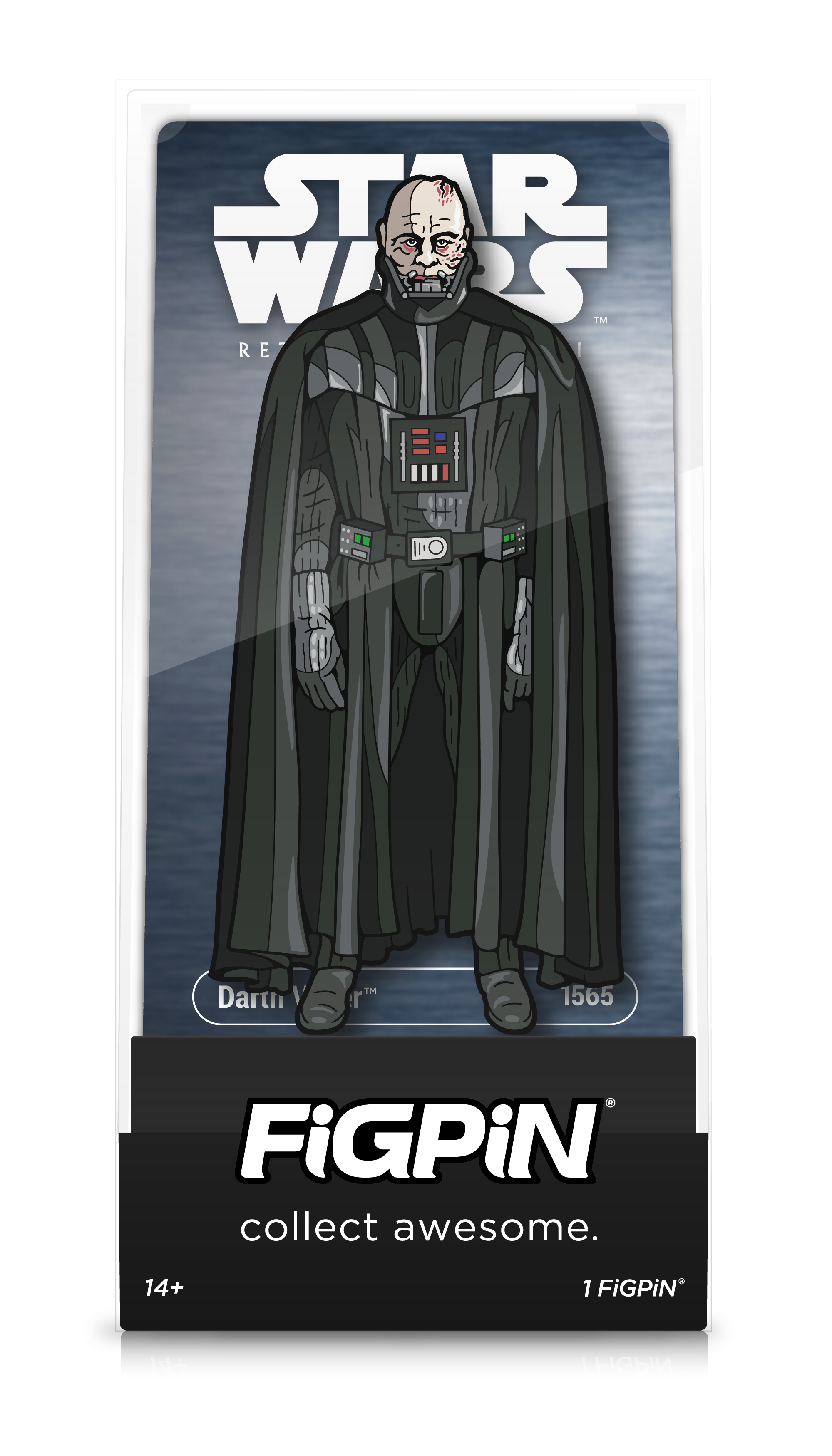Front view of STAR WARS: RETURN OF THE JEDI's Darth Vader enamel pin inside FiGPiN Display case reading “collect awesome"