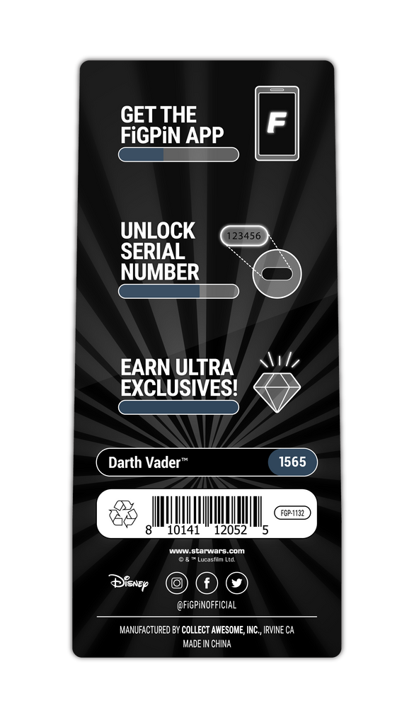 Character card with information on the FiGPiN APP and text "Darth Vader (1565)"