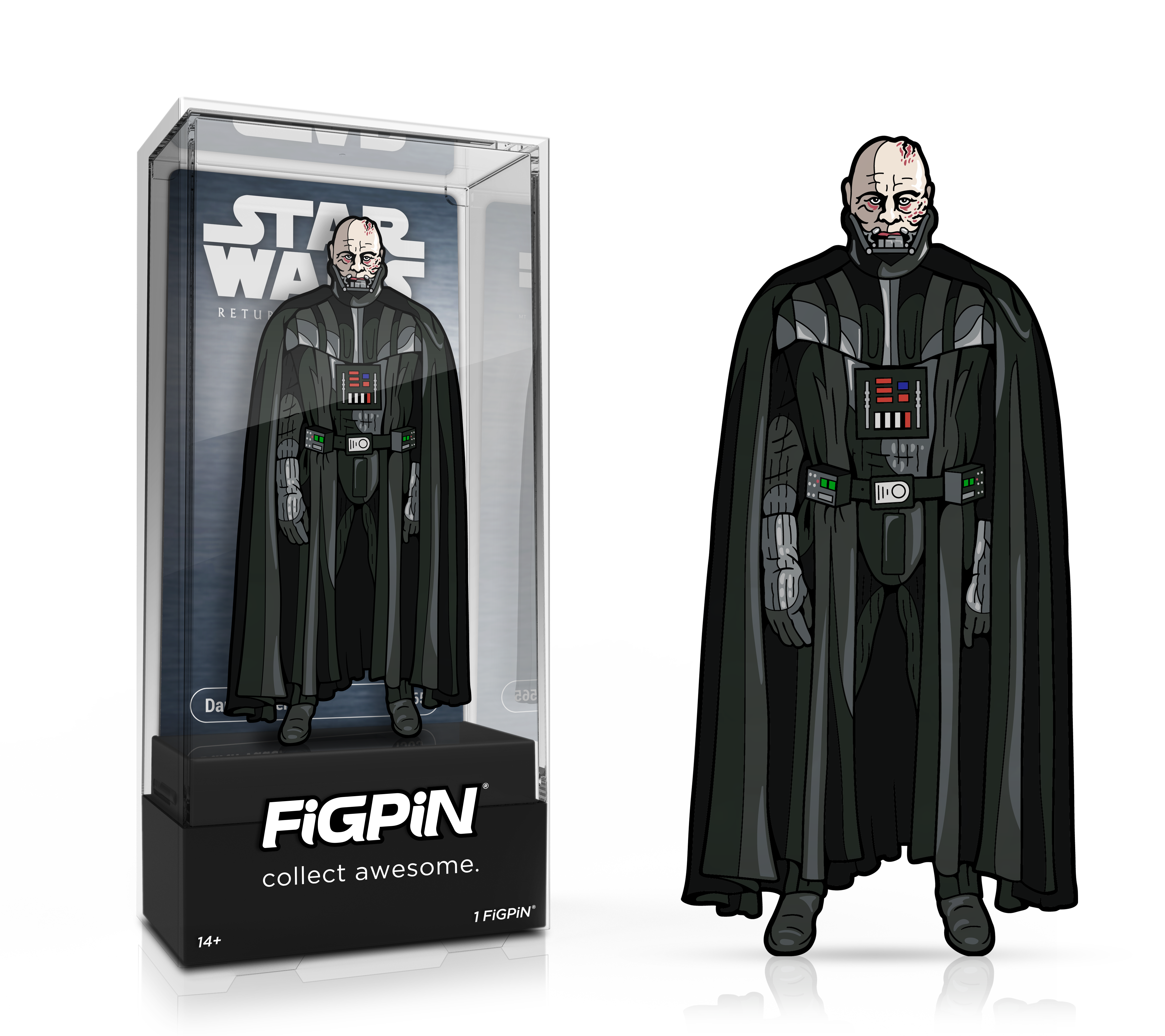 Side by side view of STAR WARS: RETURN OF THE JEDI's Darth Vader enamel pin in display case and the art render.