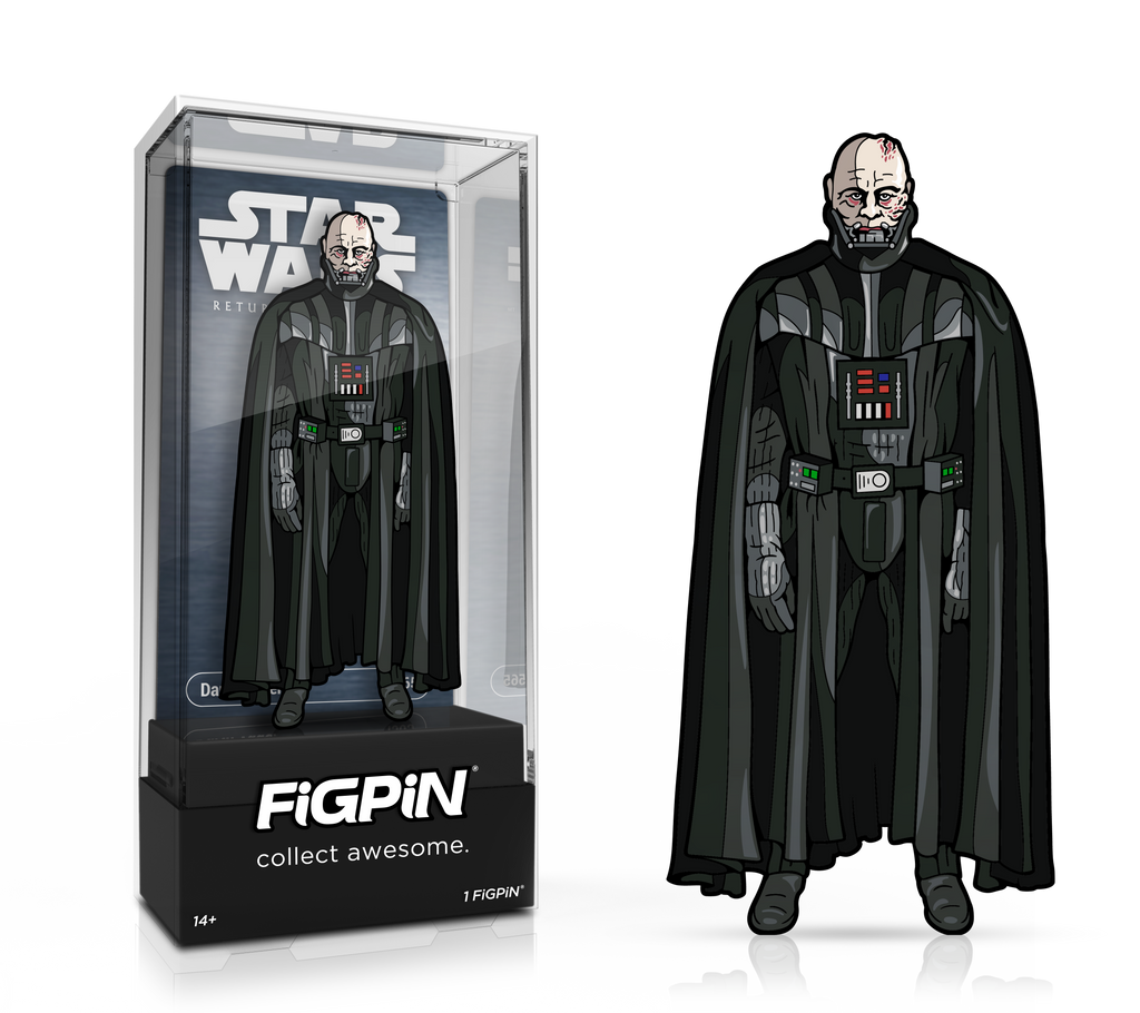 Side by side view of STAR WARS: RETURN OF THE JEDI's Darth Vader enamel pin in display case and the art render.