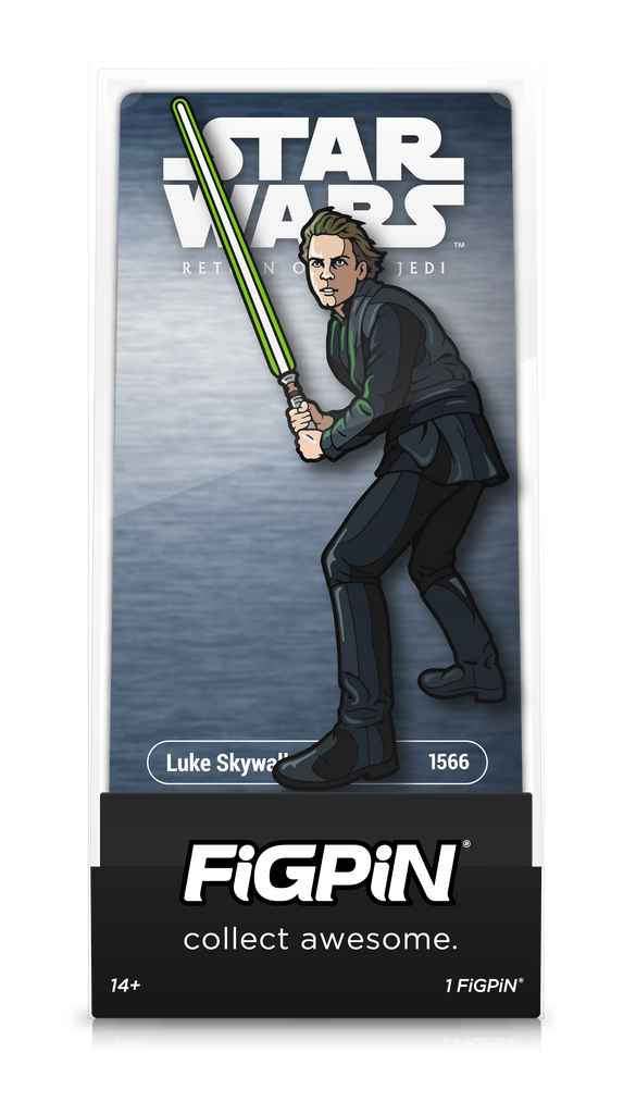 Front view of STAR WARS: RETURN OF THE JEDI's Luke Skywalker enamel pin inside FiGPiN Display case reading “collect awesome"