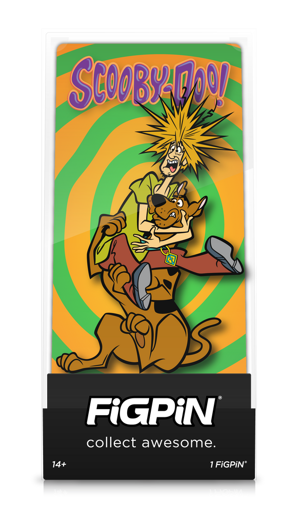 Front view of Scooby-Doo!'s Scooby-Doo & Shaggy enamel pin inside FiGPiN Display case reading “collect awesome"
