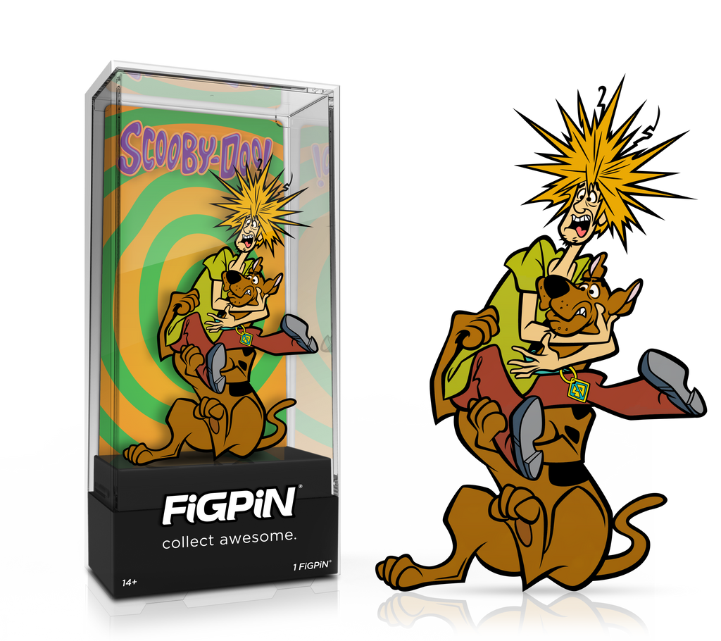 Side by side view of Scooby-Doo!'s Scooby-Doo & Shaggy enamel pin in display case and the art render.