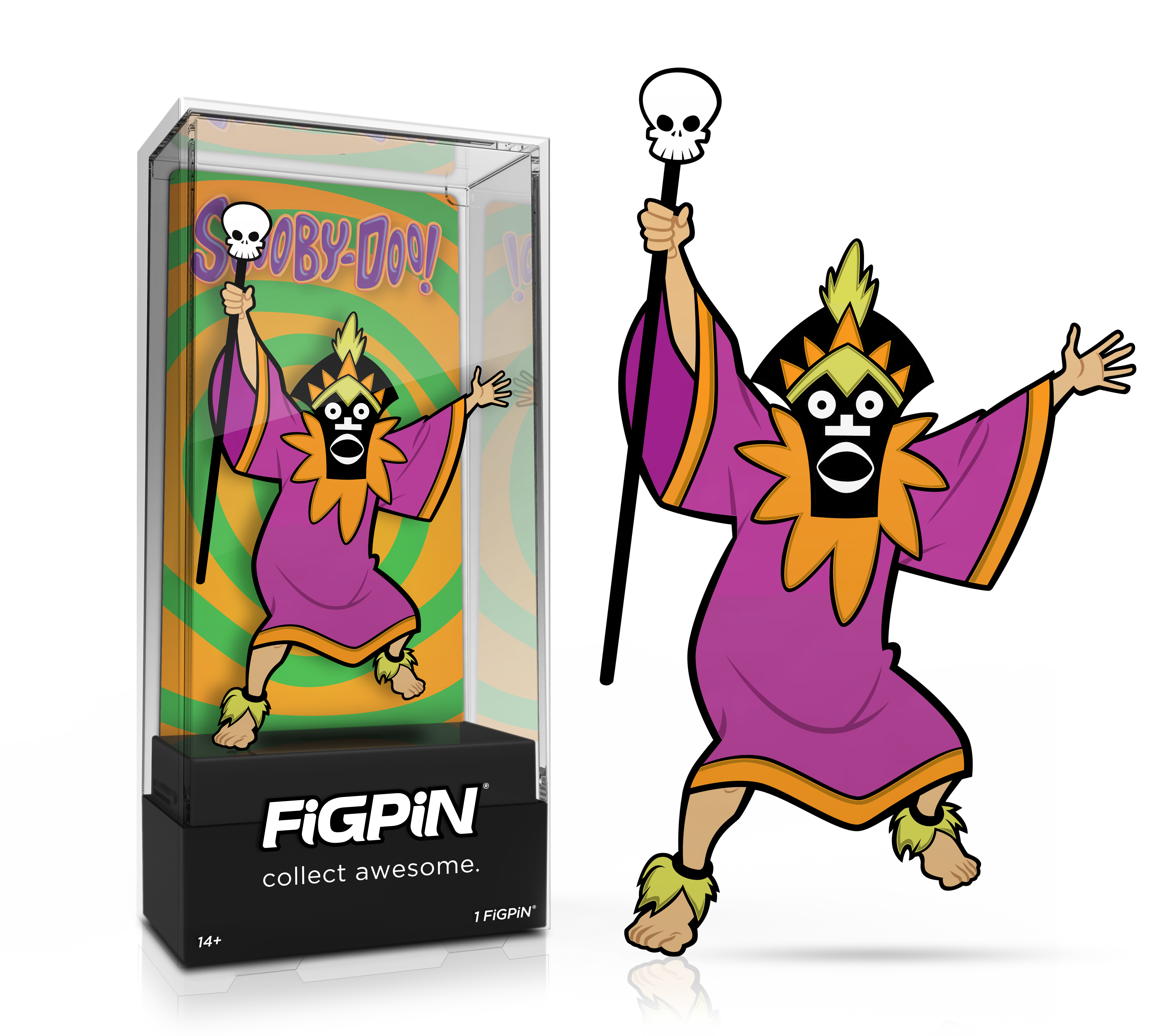 Side by side view of Scooby-Doo!'s Witch Doctor enamel pin in display case and the art render.