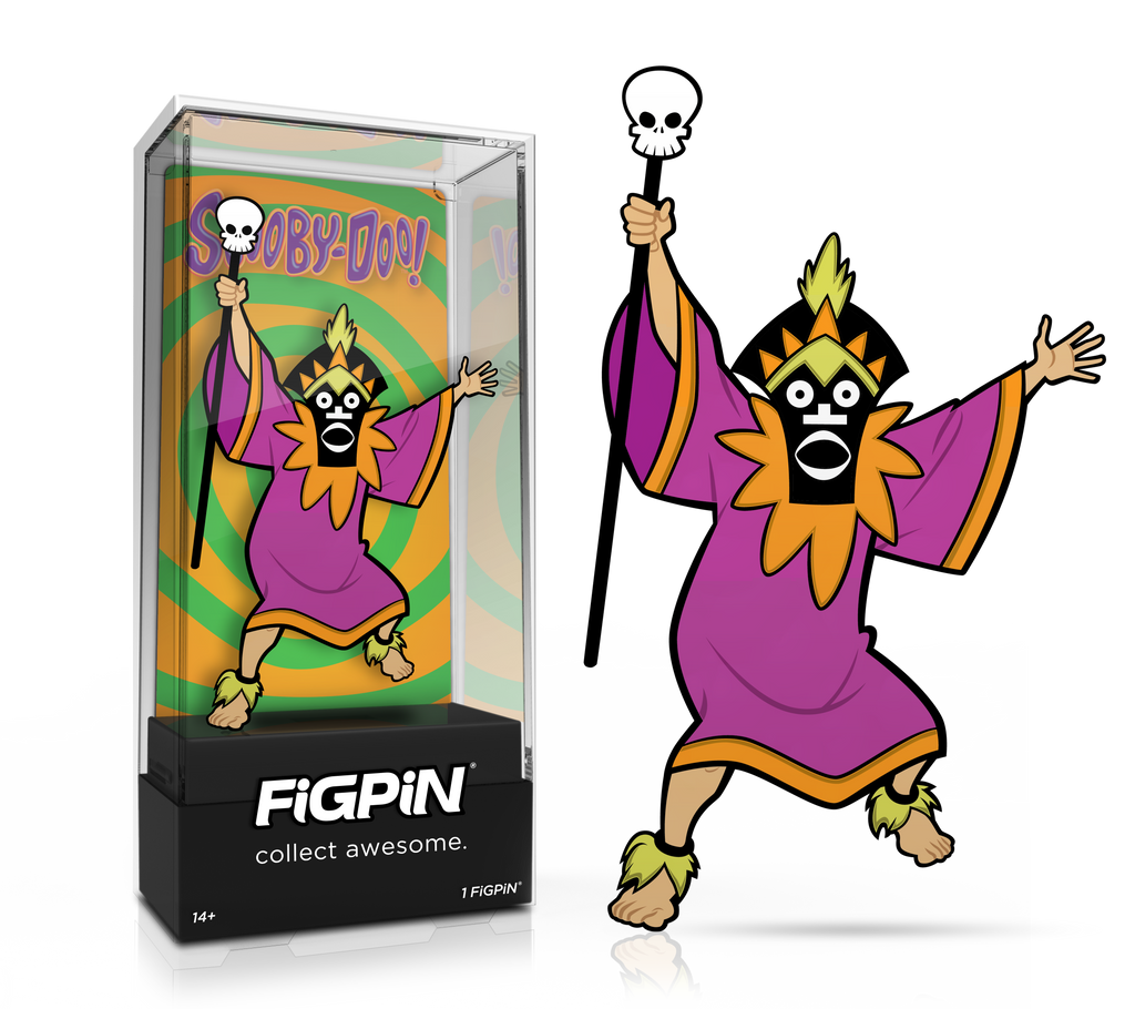 Side by side view of Scooby-Doo!'s Witch Doctor enamel pin in display case and the art render.
